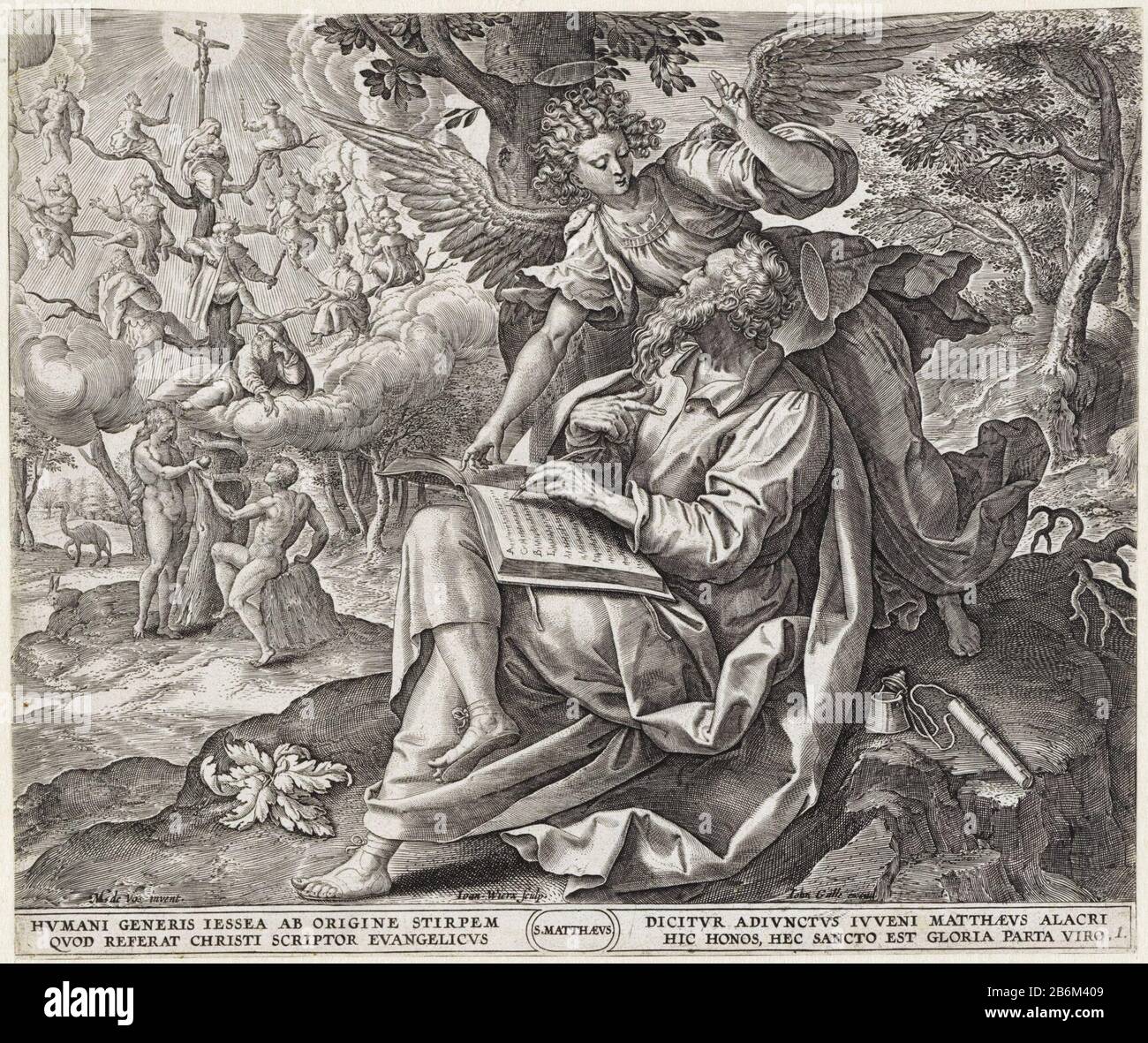 L'évangéliste Matthew a écrit son évangile. Il est assis sous un arbre. L'ange se tient derrière lui. En arrière-plan Adam et Eve au pied de l'arbre de Jesse. Dans la marge, une signature à quatre lignes, dans deux colonnes, dans Latijn. Fabricant : printmaker John Who: Rix (propriété cotée) conçu par: Marten de vos (bâtiment classé) Editeur: Joannes Galle (propriété cotée) Lieu Fabrication: Anvers Date: 1585 et / ou 1610 - 1676 Caractéristiques physiques: Matériel automobile: Papier technique: Engraa (impression) Dimensions: Feuille: H 214 mm × W 254 mm Objet: Saint Matthieu écrivant l'Évangile Benthique, généralement le Banque D'Images