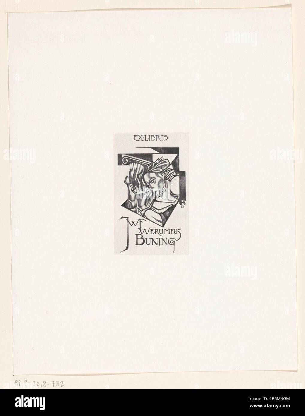 Ex libris van JWF Werumeus Buning un homme tenant une lyre bespeelt. Fabricant : créateur: Richard Nicolaus Roland Holst (bâtiment classé) Date: 1922 matériel: Papier technique: Autotypique Dimensions: Feuille: H 292 mm × W 229 mm Objet: Lyre, cithara, psaltéryone personne jouant à l'instrument à cordes (plucked) Qui: Johan Willem Frederik Werumeus Buning Banque D'Images