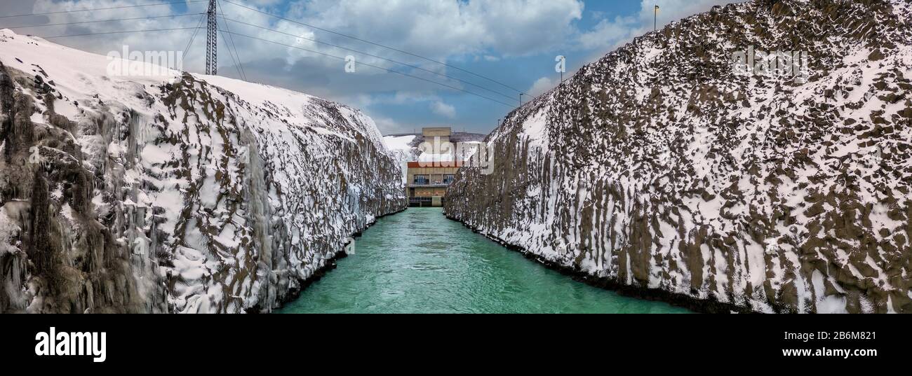 Centrale hydroélectrique de Sultartangavirkjun, Central Highlands, Islande Banque D'Images