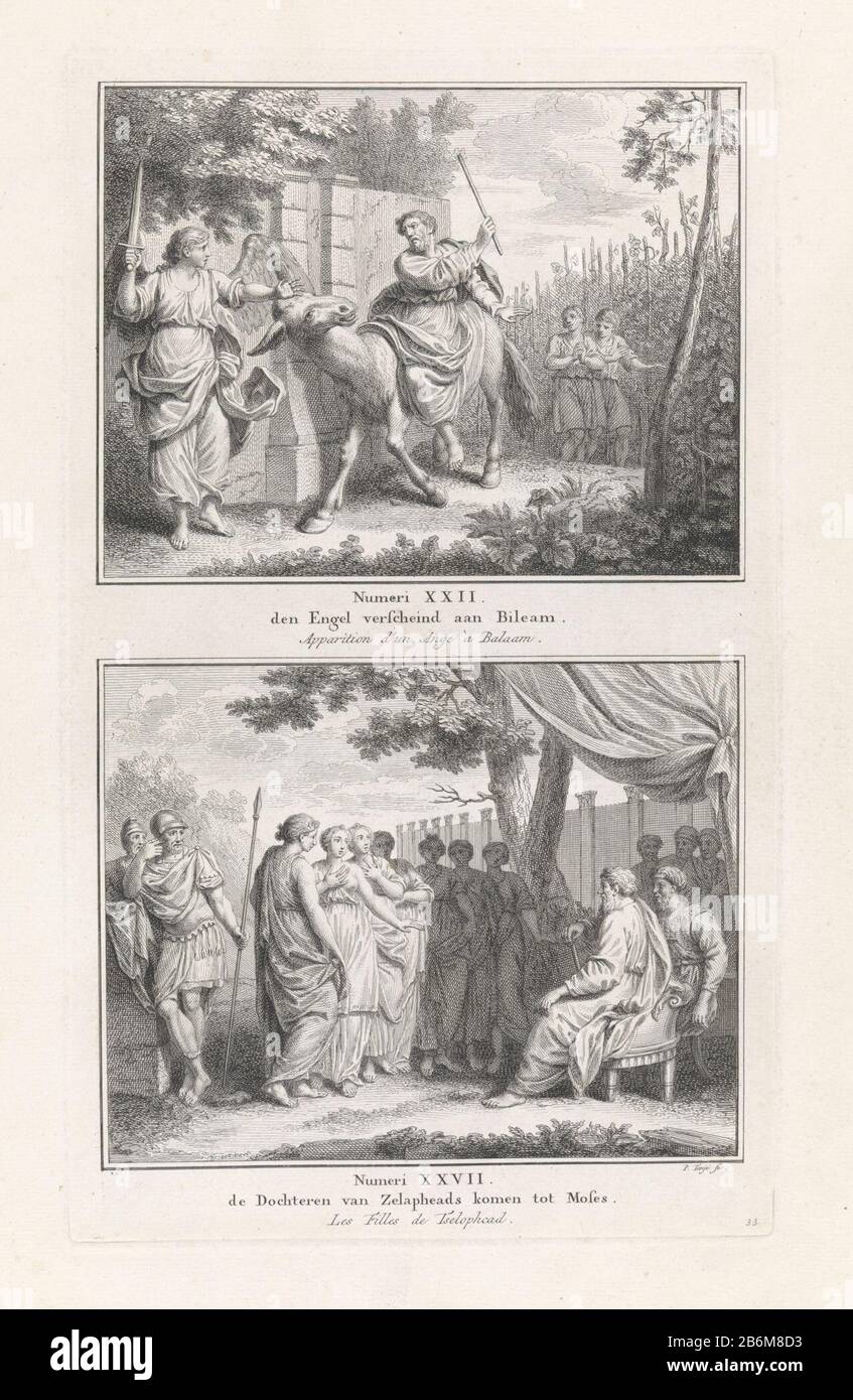 Ezel van Bileam de dochters van Selofchad den Engel verscheind aan Bileam () de Dochteren van Zelapheads komen tot Moses () (objet op titel) deux histoires bibliques. Ci-dessus: Balaam exhorte sa circonscription âne par, mais est arrêté par un ange avec un lourd d. Ci-dessous: Les filles de Zelophehad sont venues après la mort de leur père, Moïse et Aaron et se posent des questions en tant que femmes pour hériter des droits de la terre de leur père. Parmi les représentations, une référence aux textes bibliques et aux titres en néerlandais et en Frans. Fabricant : printmaker Pieter Tanjé (propriété cotée) Lieu de fabrication: Amsterdam Date: 1716-1761 et Banque D'Images