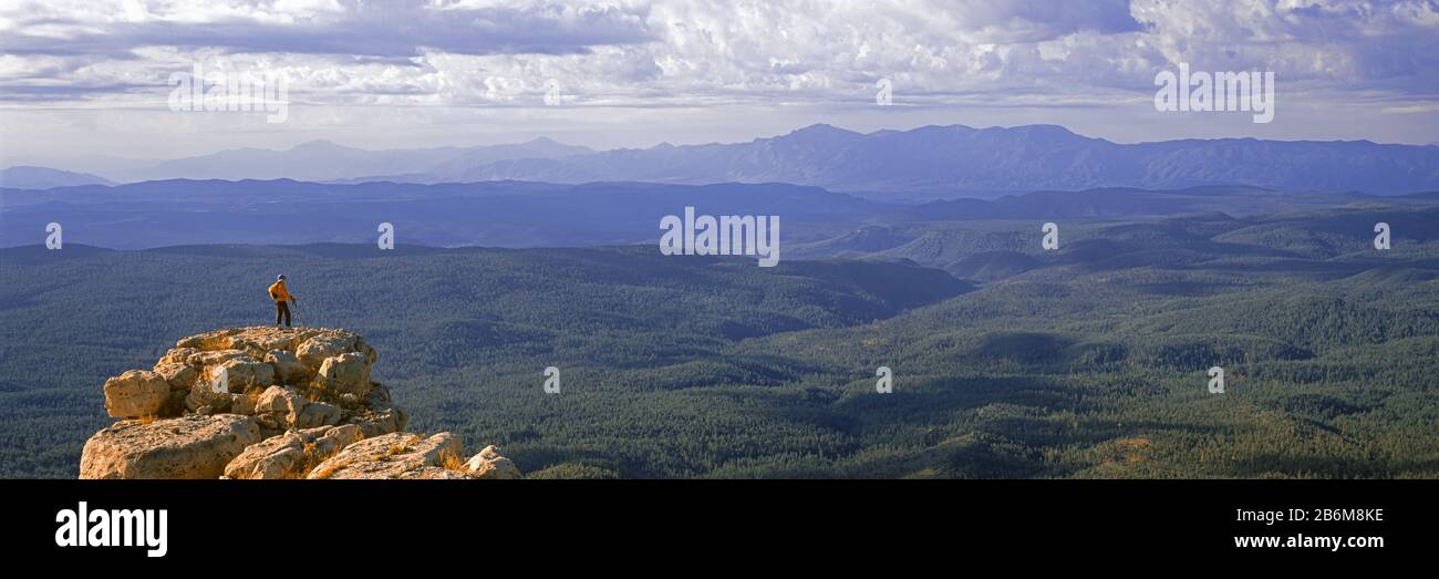 Randonneur debout sur le rocher, Mogollon Rim, Pine, Gila County, Arizona, États-Unis Banque D'Images