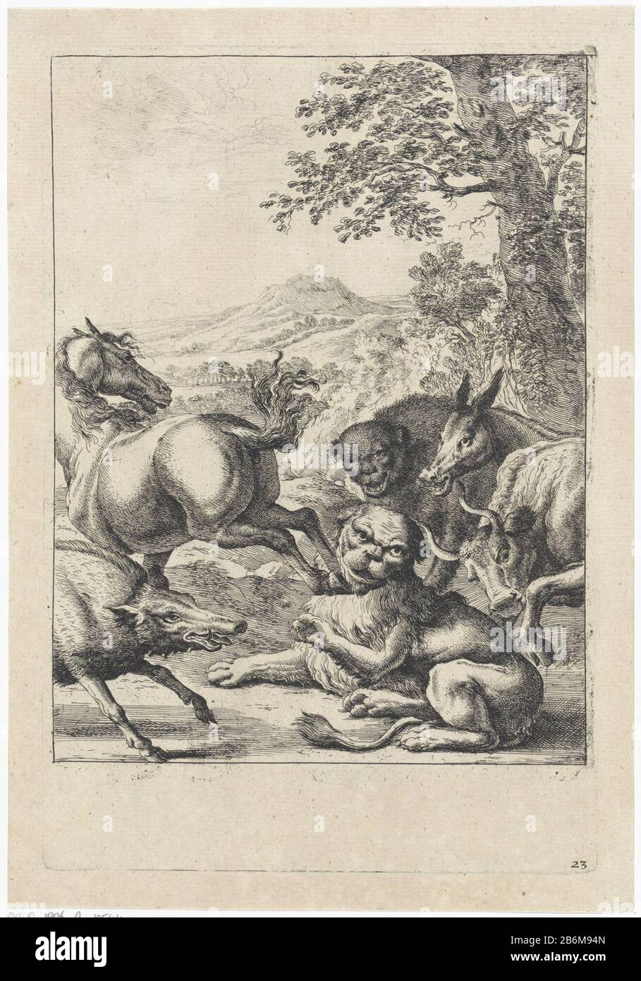 Fabel van de oude leeuw Fabels van Aesopus (serietitel) un vieux lion est faible et meurt sur le terrain. Un cheval, un porc, un sanglier, un taureau et un âne lui font maintenant mal, ils sont plus forts. Illustration d'un Aesopus fable. Fabricant : printmaker: Dirk Stoop Editeur: John OgilbyPlaats fabrication: Londres Date: 1665 Caractéristiques physiques: Matériau de gravure: Technique du papier: Gravure Dimensions: Bord de la plaque: H 259 mm × W 174 mmToeliechtPrent utilisé: Ogilby, John. Les Fables d'Aesop Paraphras's dans Le Verset: Adorent avec Sculpture et Illustré avec des annotations. Londres : John Ogilby, 1665 Et 1668. Sujet : bête mythique Banque D'Images