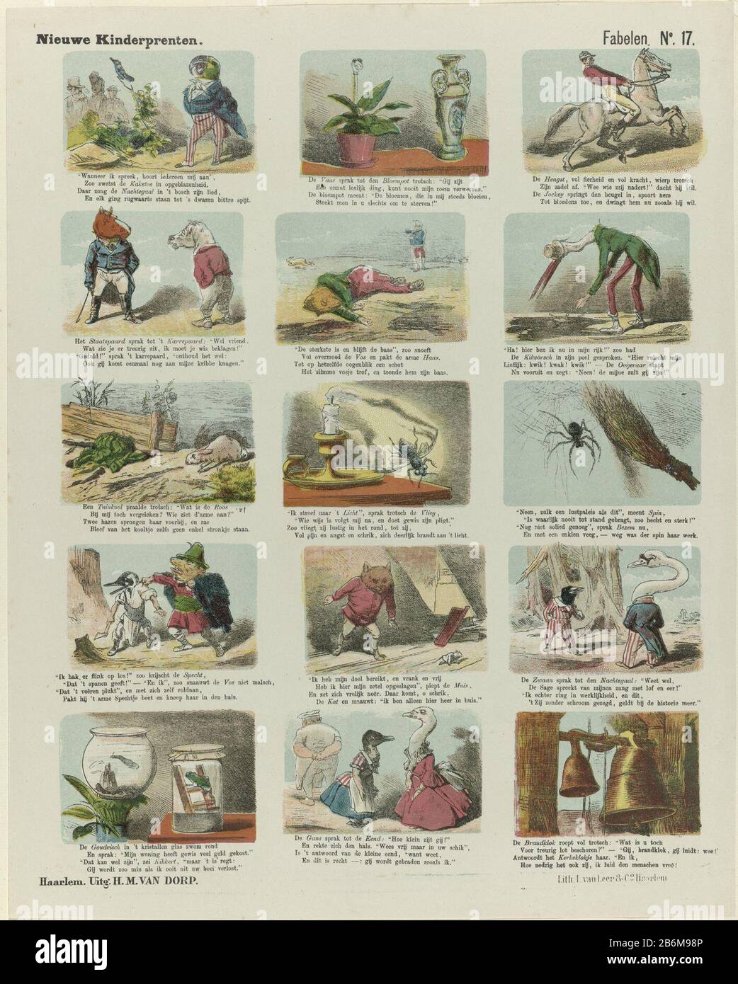 Fabelen (objet titel op) Nieuwe Kinderprenten (objet servietitel op) feuille avec 15 représentations d'animaux qui se comportent comme des humains. Leçons apprises. Sous chaque image un verset de quatre lignes. Numéroté en haut à droite : n° 17. Fabricant : Editeur: H. M. van Dorp (bâtiment classé) imprimante L. Leather & Co. (Bâtiment Classé) printmaker: Fabrication anonyme: Haarlem Dating: 1872 - 1883 Caractéristiques physiques: Lithographie couleur en jaune, vert, orange, bleu, rouge et marron; matériel d'impression de texte: Papier: Lithographie couleur technique (procédé) / formats d'impression: Feuille: Objet H 420 mm × L 335 mm Banque D'Images
