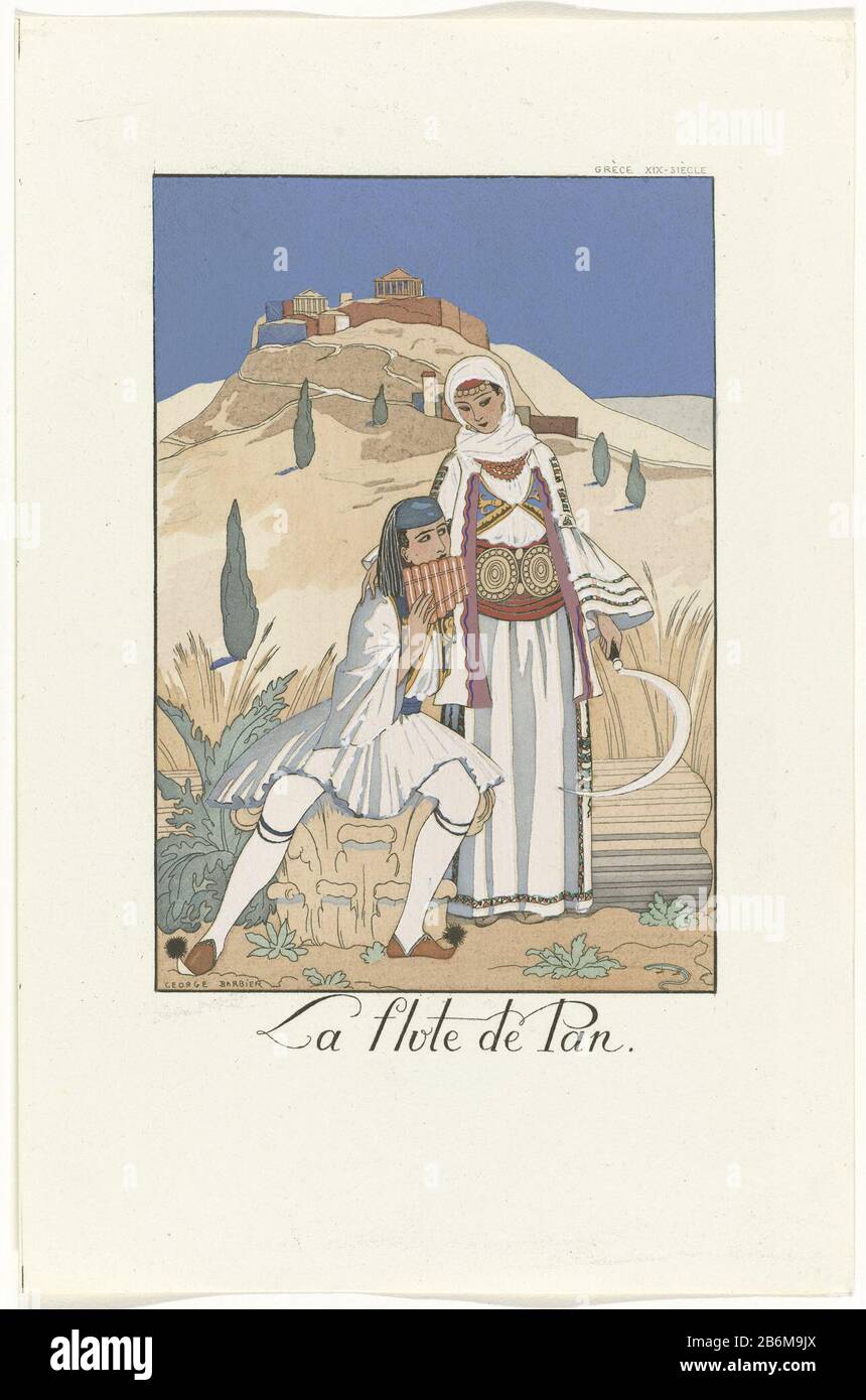 Homme en robe traditionnelle grecque, jouant sur la flûte. Une femme à faucille se tient à côté de lui. Imprimé de la série Falbalas & Fanfreluches (1922-1926) . Fabricant : à dessin de: George Barbier (indiqué sur l'objet) fabricant d'impression: Éditeur anonyme: J. MeynialPlaats fabrication: Paris Date: 1923 Caractéristiques physiques: Lithographie, avec modèles et matériel de couleur manuelle: Technique du papier: Pochoeur / couleur de la main / lithographie (technique) Dimensions: Feuille: H 244 mm × W 159 mm Objet: accessoires agricoles pour assiettes de mode : flûte faucilles, aulos, costume de tibiafolk, costume régional (+ hommes c Banque D'Images