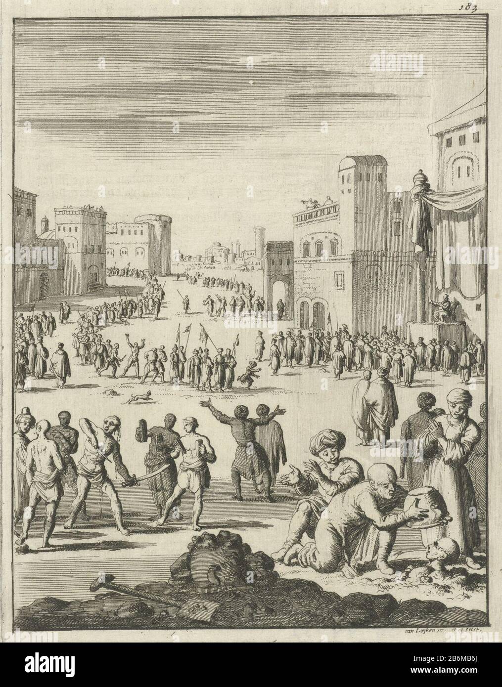 Imprimer avec le numéro de droite 183. Créateur de la fabrication: Auteur de la gravure Jan Luyken (bâtiment classé) dans sa conception: Jan Luyken (bâtiment classé) éditeur: John Bouma Lieu fabrication: Amsterdam Date: 1682 Caractéristiques physiques: Matériel de gravure: Technique du papier: Dimensions de gravure: Feuille: H 172 mm × W 136 mmTopelichtingillustratie incluse dans la partie II: Thevenot, Jean de. Rappelez-vous Où: Pauvre et très précis voyage du seigneur le Thevenot. Amsterdam : John Bouman, 1681-1682. Objet: Loi et festivités sur les marchés publics Banque D'Images