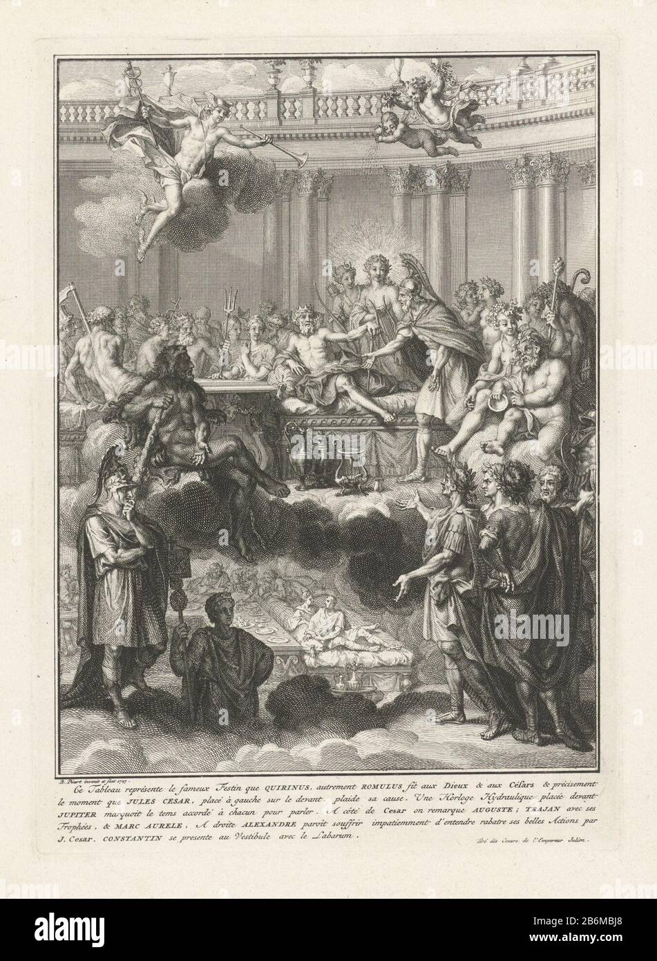 Feestmaal van Romulus Titelpagina voor Flavius Claudius Julianus Apostata, les cesars de l'empereur Julien, 1728 Au ciel, a lieu un festival Romulus organisé en l'honneur des dieux. Il représente Jupiter reposant sur un transat et médiateur avec lui au nom de ses successeurs. À ses pieds indiquant combien de temps ils peuvent parler un instrument. Les Empereurs De Droite Julius Caesar, Augustus, Trajan Et Marcus Aurelius. Les liens Hercules pointant vers Alexander le Grand contestent à nouveau les autres. Dans la marge une signature vijfregelig dans Frans. Fabricant : printmaker: Bernard Picart (liste de construction Banque D'Images