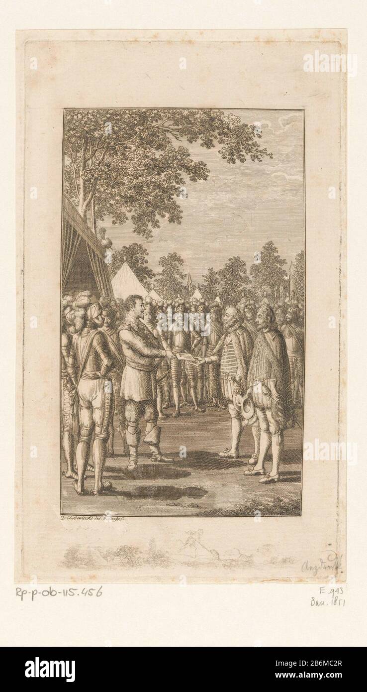 Ferdinand II neemt het document van Albrecht van Wallenstein in ontvangst Dans les marges est de manière esquisse, un personnage de chasse geëtst. Fabricant : Print Maker: Daniel Nikolaus ChodoWie: CKI (indiqué sur l'objet), à son dessin: Daniel Nikolaus Chodowiecki (indiqué sur l'objet) Lieu de fabrication: Berlin Daté: 1800 Caractéristiques physiques : gravure; matériau d'épreuvage: Technique du papier: Gravure Dimensions: Arête: H 212 mm × W 125 mmToeliechtPrent utilisé: Deutsche Monatsschrift (...) Leipzig : Sommer Buchhandlung, 1800. Sujet Histoire (militaire) camp avec tentes dirigeant, souverainetés, enveloppe Banque D'Images