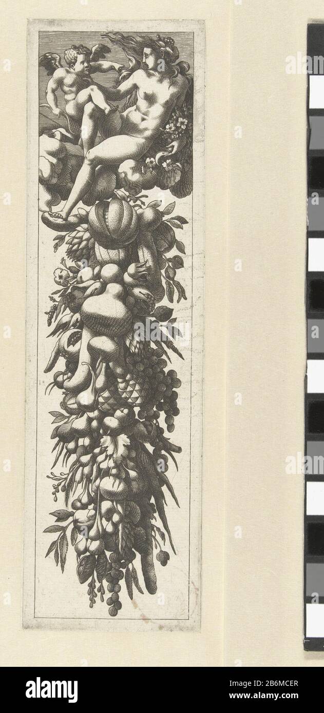 Op de wolk ligt venus; amor klimt op haar schoot Fabricant : prenteur: René Boyvin (atelier van)naar tekening van: Rosso Fiorentino (mogelijk)naar tekening van: Léonard Thiry (mogelijk)uitgever: Hans de Wael: CA. 1551 - ca. 1580 kenmerken physique: Gravure matériau: Papier Techniek: Graveren (drukprocedé) Dimensions: Plaatrand: H 262 mm × b 77 mm Banque D'Images