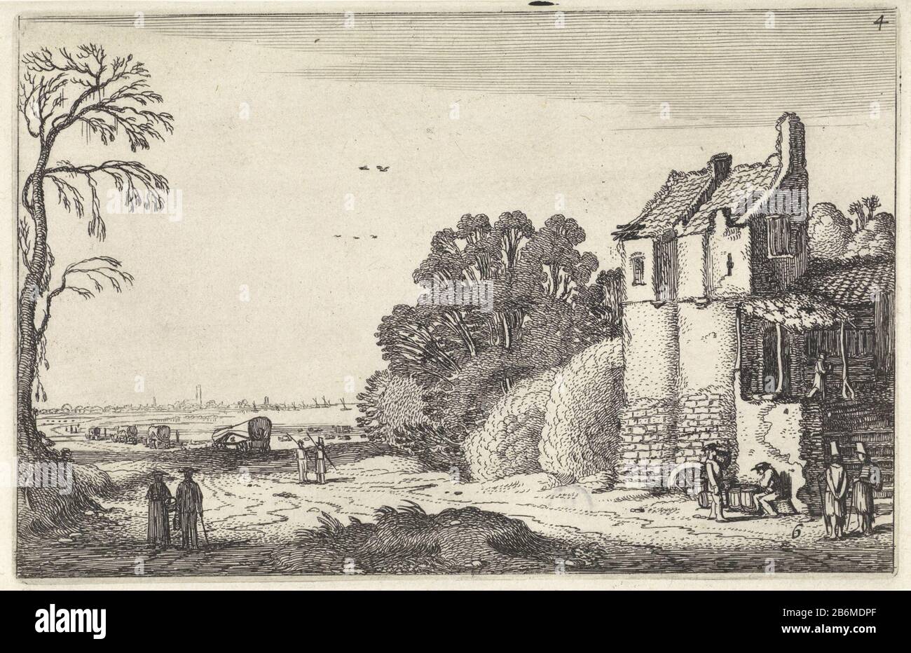 Figuren bien een huis en huifkarren op een landweg Landschappen (servietitel) Amenissimae aliquot requculae (servietitel) Figures dans une maison et wagons couverts sur une route de terre vers une ville à l'horizon. Sixième photo de la quatrième partie d'une série de soixante reproductions de paysages, divisées en cinq parties, chacune de douze prenten. Fabricant : printmaker Jan van de Velde (II) dans sa conception: Jan van de Velde (II) Lieu de fabrication : Nord des Pays-Bas Date: 1616 Caractéristiques physiques: Matière de gravure: Technique du papier: Dimensions de gravure: Bord de la plaque: H 120 mm × W 190 mmTohtelieliginOorspronkel Banque D'Images