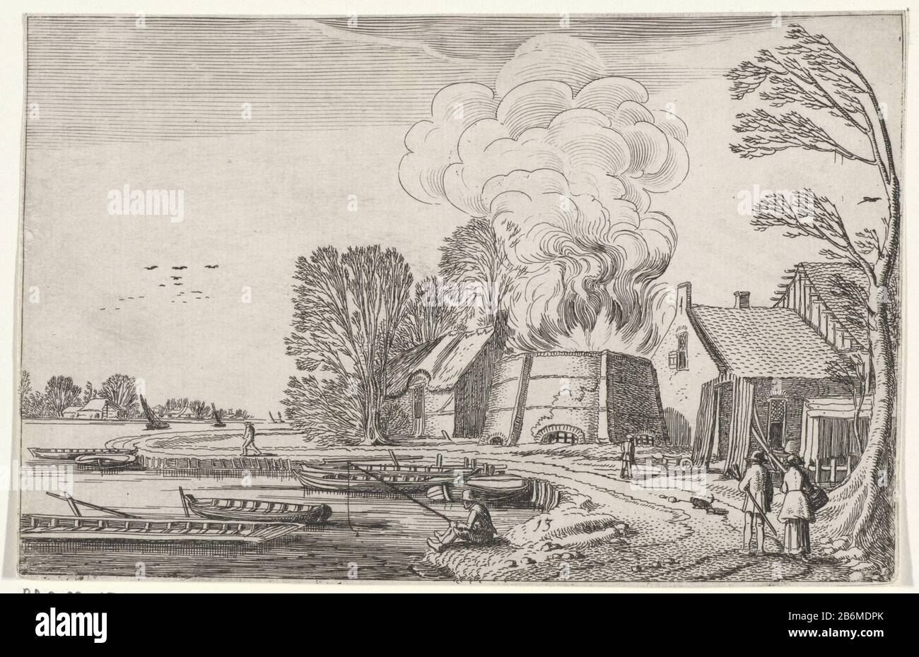 un nuage de fumée s'élève d'un four brûlant. A gauche une rivière avec des bateaux à ramer et un pêcheur. Treizième imprimer une série de zestien. Fabricant : printmaker Jan van de Velde (II) dans sa conception: Jan van de Velde (II) Lieu de fabrication: Nord des Pays-Bas Date: 1616 Caractéristiques physiques: Matière de gravure: Technique du papier: Gravure Dimensions: Feuille: H 128 mm (coupe à l'image) × 198 b mm Objet: Travaux de chaux chantage Banque D'Images