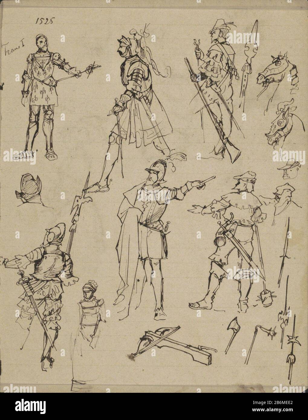 Figuren dans les kostuums uit 1525, waaronder koning Frans i van Frankrijk Le roi porte un costume décoré de chevalier avec un motif fleur de lis. Aussi, des études de chevaliers avec des épées, des armes et un cheval. Page 11 d'un croquis avec 6 bladen. Fabricant : artiste Marius Bauer Date: 1885 Caractéristiques physiques: Stylo en noir sur papier doublé: Papier doublé technique: Stylo Sujet: Classement historique des costumes  dirigeants, manarmourhelméthacking souverainement et throuting artonshorseWie: Francis I de Valois-Angoulême ( roi de France) Banque D'Images