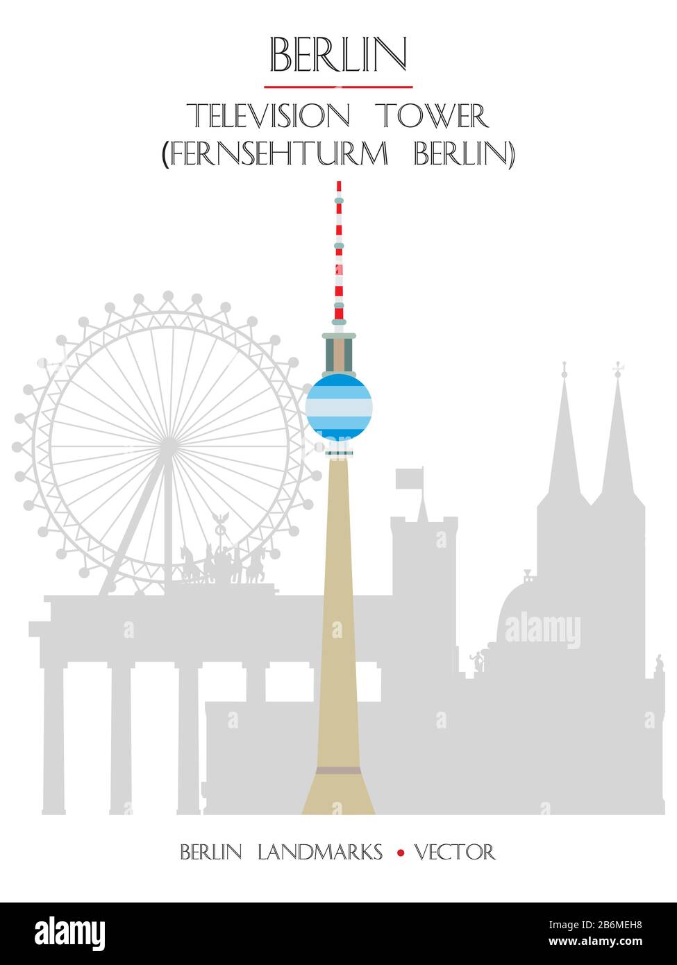 Vue avant de la tour de télévision vectorielle colorée (Fernsehturm Berlin), célèbre monument de Berlin, Allemagne. Illustration plate verticale vectorielle isolée sur wh Illustration de Vecteur