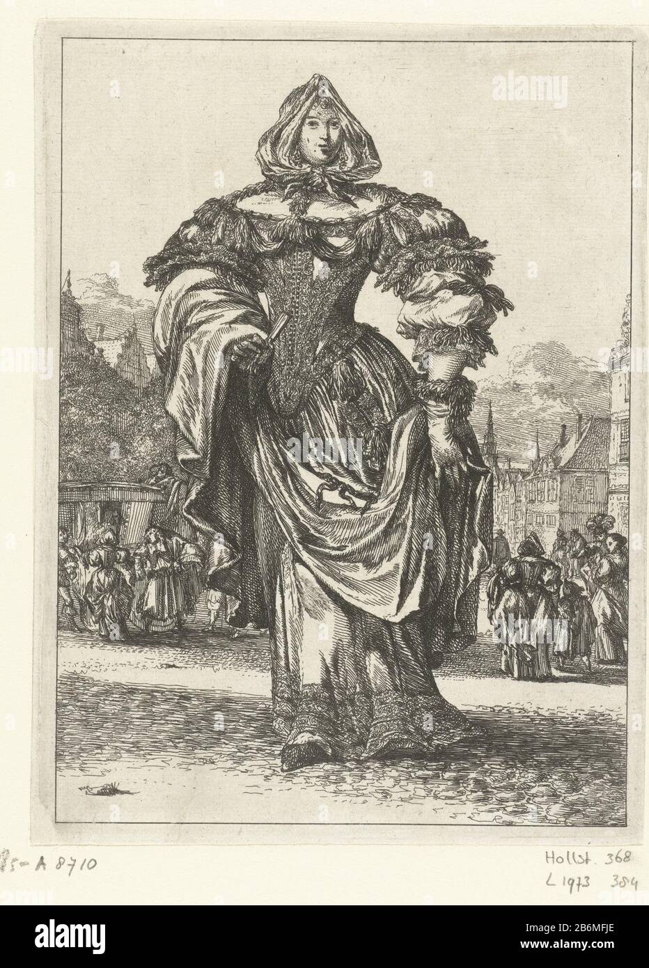 Élégante dame vêtue d'une robe avec beaucoup de ruban sur le bas du cou et  les manches. Avec la main gauche, elle tient son bovenrok dans une gamme  réduite dans la main
