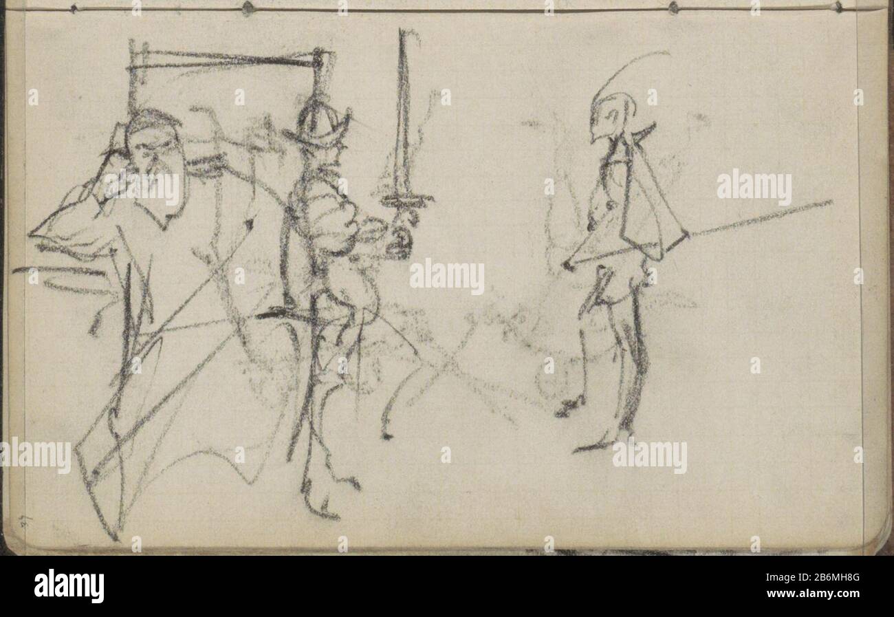 Figuurétudes, onder etere een man a rencontré een zwaard Page 37 d'un croquis avec 58 bladen. Fabricant : artiste Marius Bauer Date : 1879 - CA. 1885 Caractéristiques physiques: Craie noire sur papier carré matériel: Craie à damier Sujet: Hacking de personnage d'adulte et armes de throud: Épée Banque D'Images