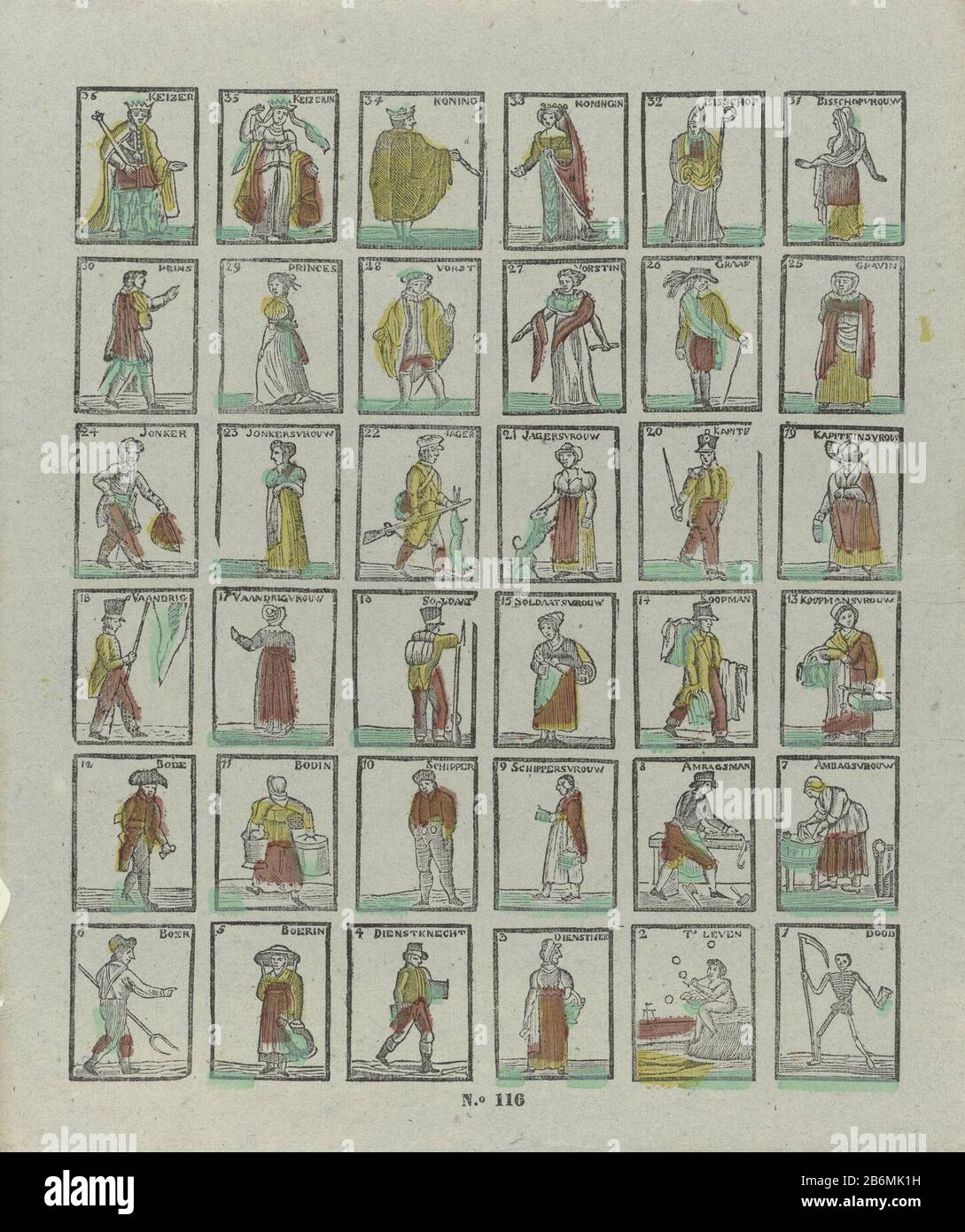 Floskartjes feuille avec 36 cartes à jouer (floskartjes) avec des représentations de divers personnages. Les images sont dix-huit paires, numérotées de haut en bas à droite numéro 1 numéro 36. Aux deux nombres les plus bas après qu'ils montrent dix-sept couples, homme et femme, avec l'homme juste un chiffre plus élevé que la femme, Où: Chaque paire une action ou une position sociale. Centre inférieur numéroté : n° 116. Fabricant : Publisher: Philippus Jacobus Brepols Imprimer auteur: Fabrication anonyme: Turnhout Date: 1800 - 1833 Caractéristiques physiques: Bloc de bois de couleur verte, jaune et Banque D'Images