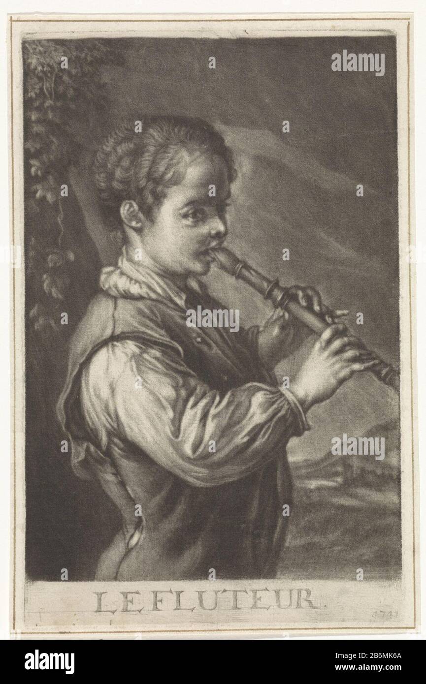 Fluitspeler le Fluteur (objet titel op) un garçon joue de la flûte dans le buitenlucht. Fabricant : printmaker: Jan de Groot Lieu fabrication: Northern Netherlands Date: 1741 Caractéristiques physiques: Mezzotint et engrala matière: Papier technique: Mezzotint / engrala (impression) mesures: Bord de la plaque: H 218 mm × W 139 mm Objet: Une personne jouant une flûte d'instrument, aulos, tibia Banque D'Images