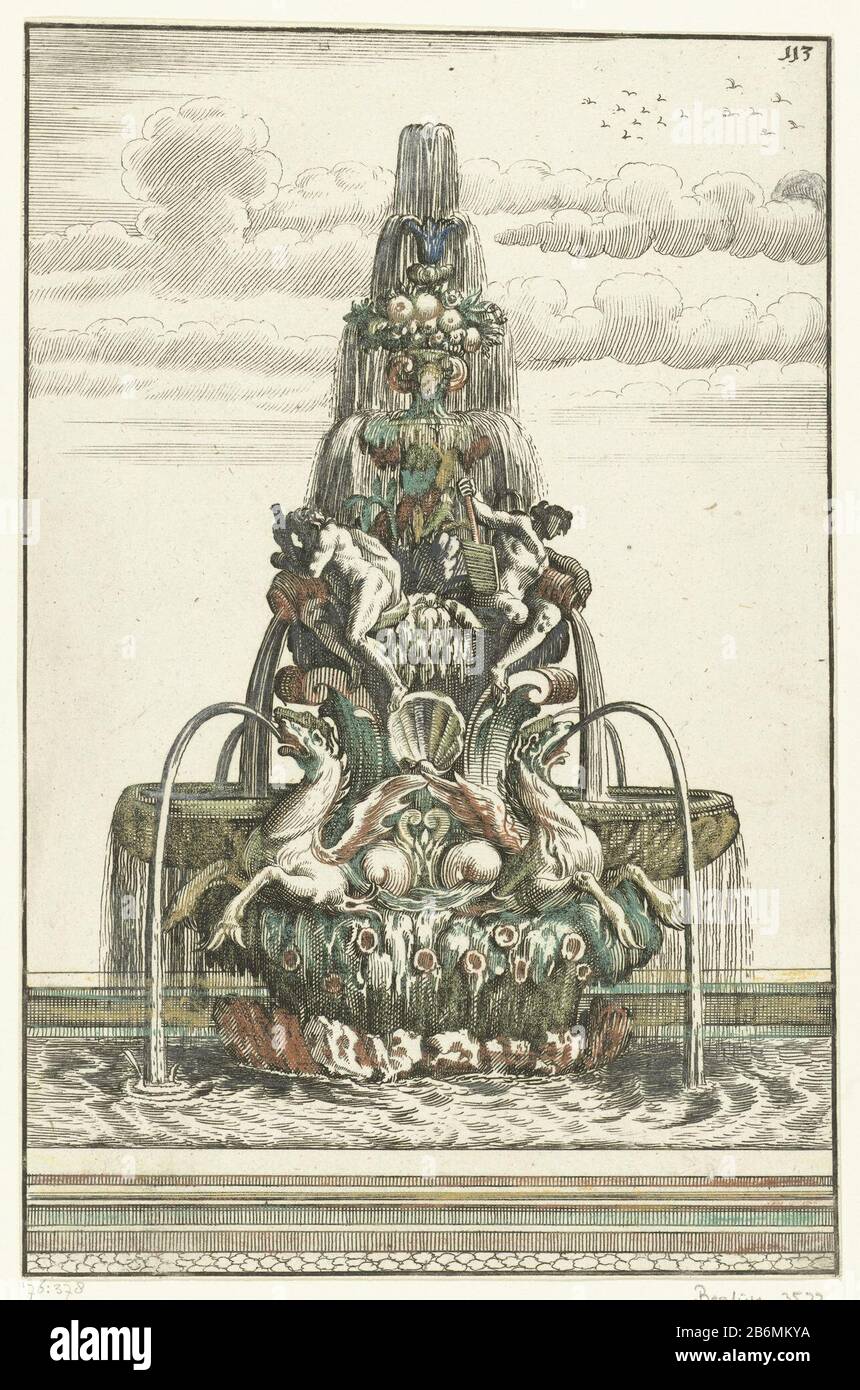 Fontein à de vorm van een piramide Architectura Curiosa Nova (serietitel) la fontaine est décorée d'hippocampes à ailes, de dieux de la mer, de coquillages, de vases avec des fleurs et des fruits. Journal 113 partie III d'une série de 226 pages, divisée en quatre livres, chacun avec sa propre titelblad. Fabricant : design de Georg Andreas Böcklerprentmaker: Imprimante anonyme: Christoph Gerhard Éditeur: Paul Fürst Lieu de fabrication: Design de l'Allemagne (possible ) printmaker: Allemagne (possible) imprimante: Nürnberg Éditeur: Nuremberg Date: 1664 Caractéristiques physiques: Gravure, couleur de la main avec krijt. Matériau : papier Banque D'Images