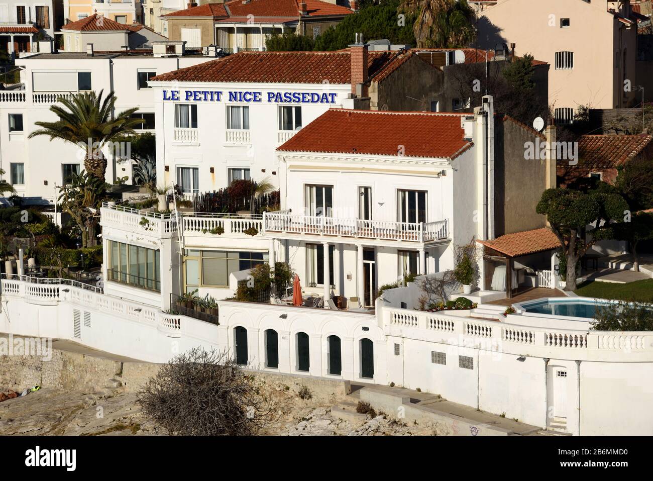 Le petit Nice Luxury Hotel & Restaurant 3 étoiles, propriété de Gerald Passedat, sur le front de mer ou Sur Le Front De Mer de Malmousque Marseille Provence France Banque D'Images