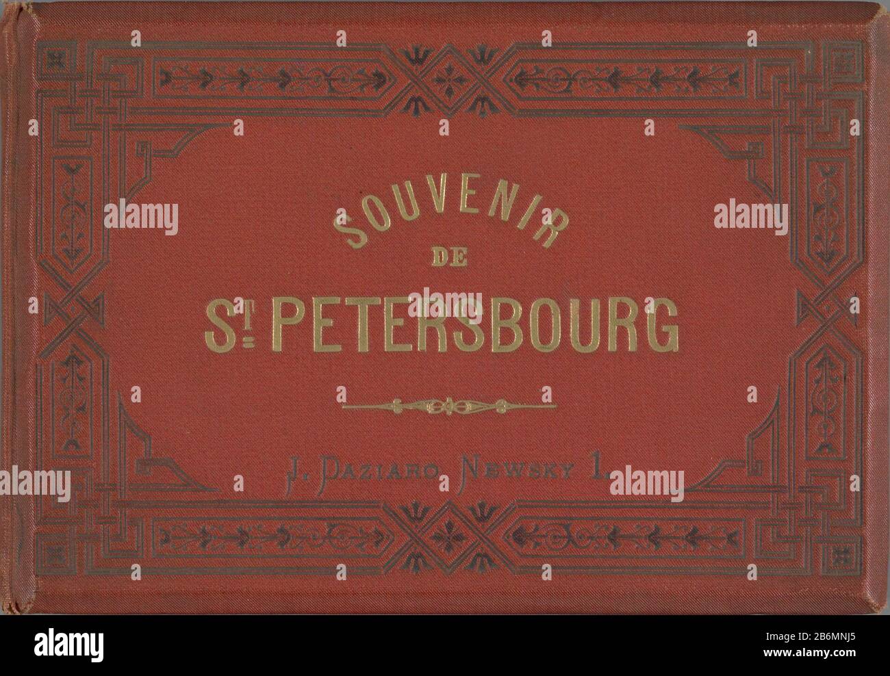 Fotoalbum met opnames van Sint-Petersburg Souvenir de St Petersbourg (objet titel op) Collection d'albums photo en groupe rouge sur le devant du titre en or. Les couvertures avant et arrière sont décorées avec des motifs géométriques et feuilles en noir et comprennent le nom du Créateur: Et les emplacements. Le capot arrière est en papier irisé, il manque le capot avant. L'album contient 30 photos de cabinet. Les enregistrements sont des rues, des places, des palais, des églises, des quais, des monuments et des statues de Saint-Pétersbourg. Peut-être des photos ajoutées à la ceinture de collection autre que l'édition originale behoorden. Fabricant Banque D'Images