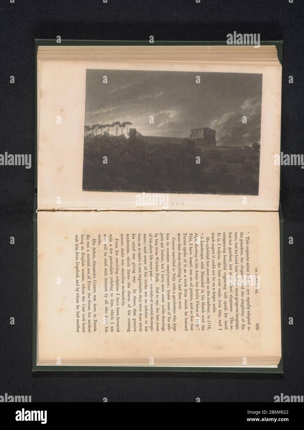 Fotoreproductie van vue de la Villa Lante sur le Janiculum à Rome porte John Robert Cozens Cozens (objet titel op) photo reproduction de vue de la Villa Lante sur le Janiculum à Rome par John Robert CozensCozens (objet titre) Type de propriété: Photo omécanique imprimer reproduction page Numéro d'article: RP-F 2005-154-1 Fabricant : créateur: Anonyme au dessin par John Robert Cozens Dating: 1855 matériau: Technique du papier: Photogravure dimensions: H 95 mm × W 137 mmTopsPrent avant page 263. Objet: Photo, peinture arbre villa Banque D'Images