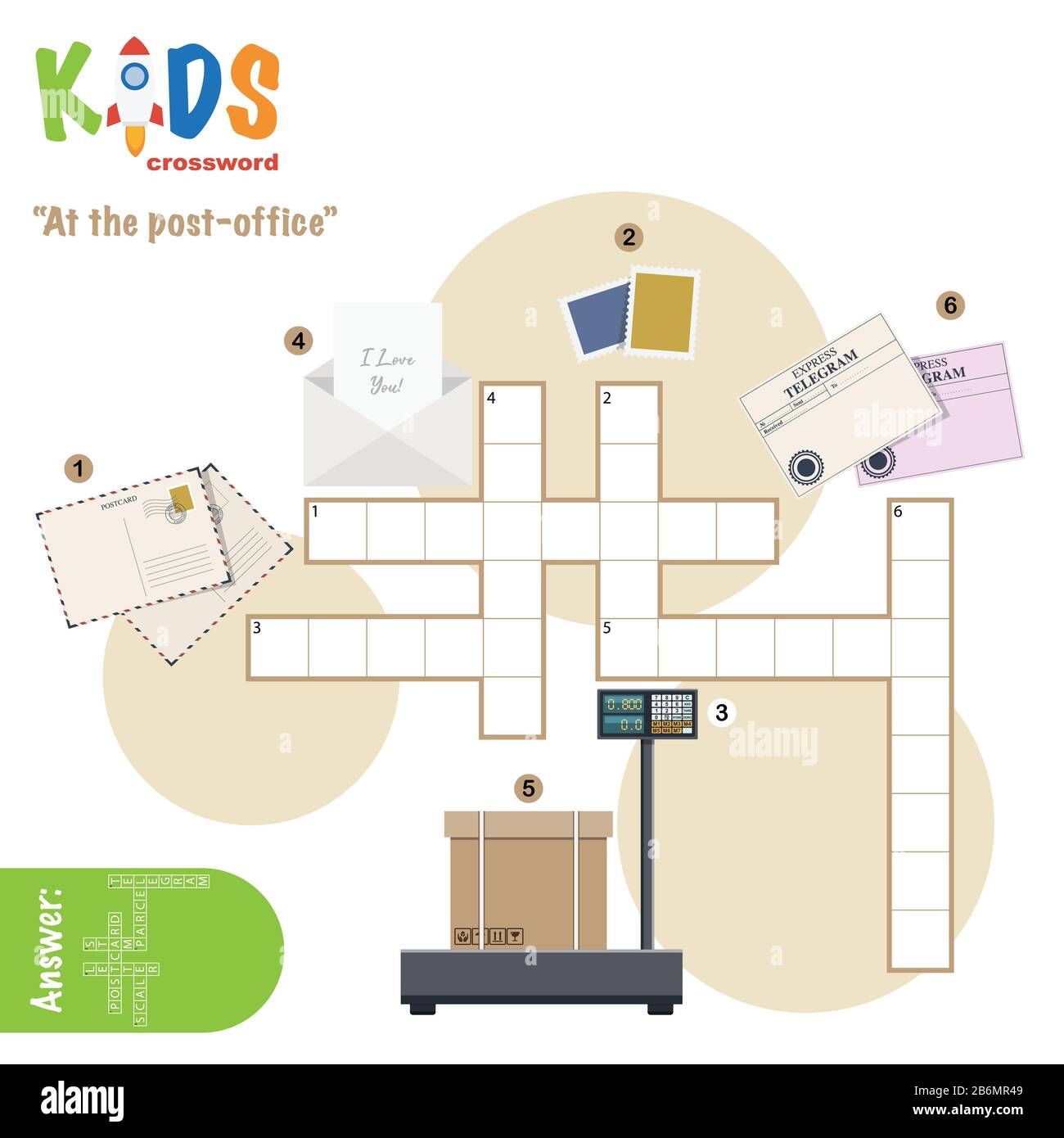 Puzzle à mots croisés facile « Au bureau de poste », pour les enfants de  l'école primaire et moyenne. Une façon amusante de pratiquer la  compréhension de la langue et de développer