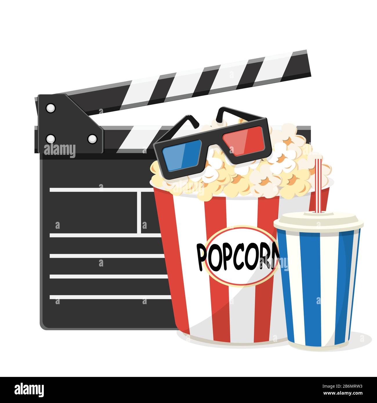 Ensemble d'éléments de cinéma - Clapperboard, popcorn, soda et lunettes tridimensionnelles. Illustration de Vecteur