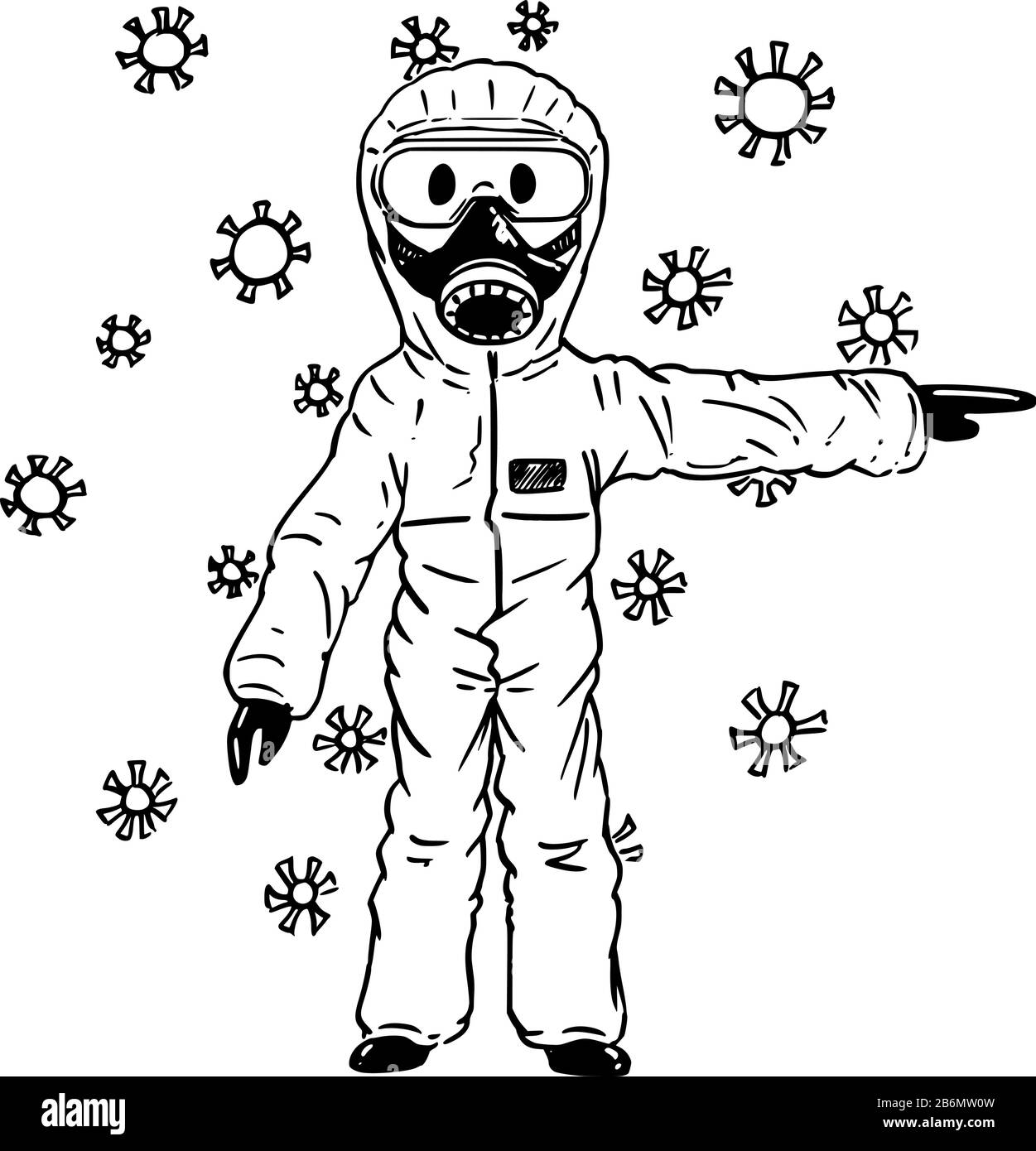 Dessin de dessin de dessin de dessin de dessin de dessin de dessin conceptuel de l'homme portant un masque protecteur de visage et de costume entouré de coronavirus covid-19 et pointant vers quelque chose. Illustration de Vecteur