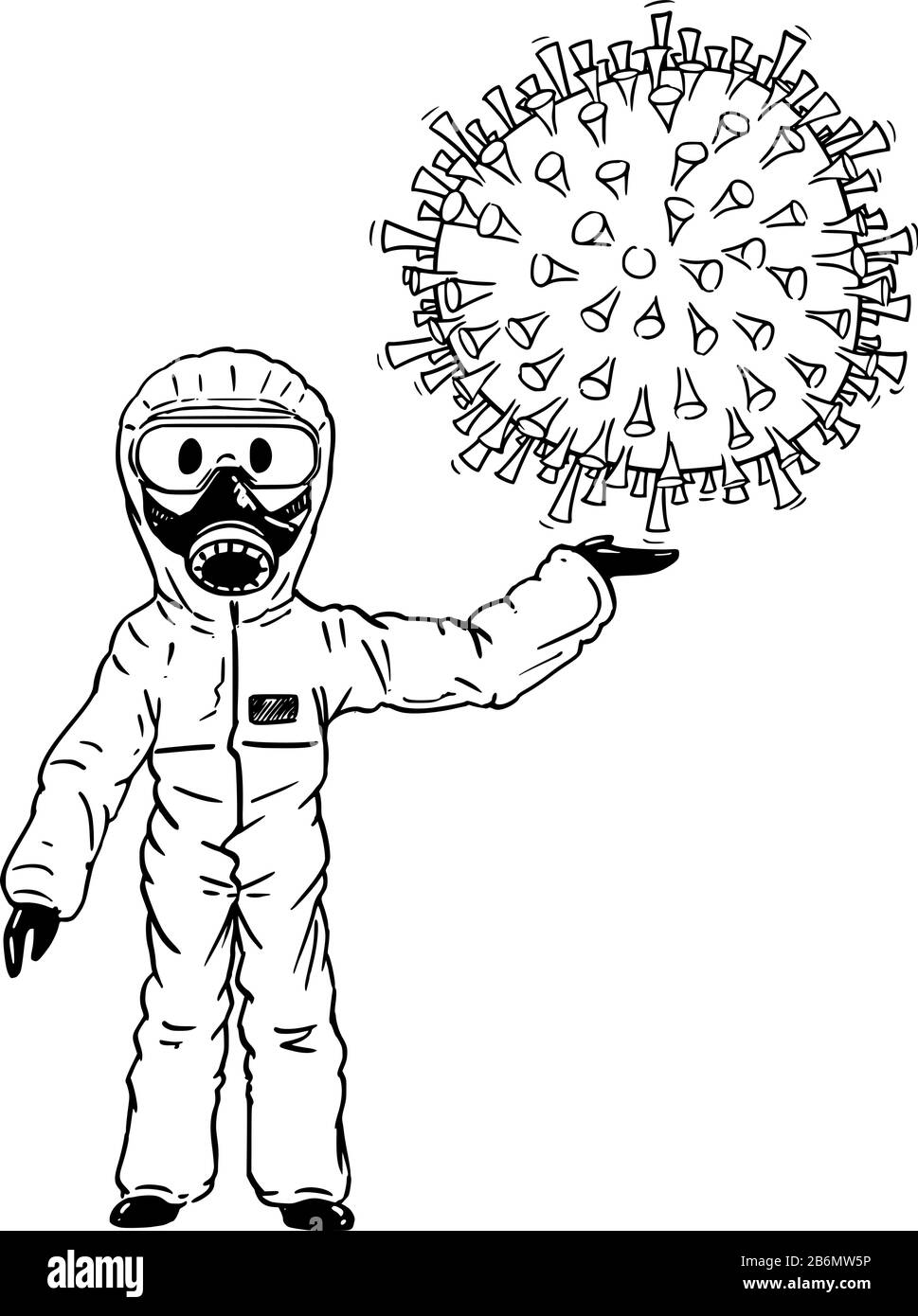 Dessin de dessin de dessin de dessin de dessin de dessin de dessin de dessin conceptuel de l'homme portant un masque de protection de visage et de costume tenant le grand covid de coronavirus de grand coronavirus-19 dans la main. Illustration de Vecteur