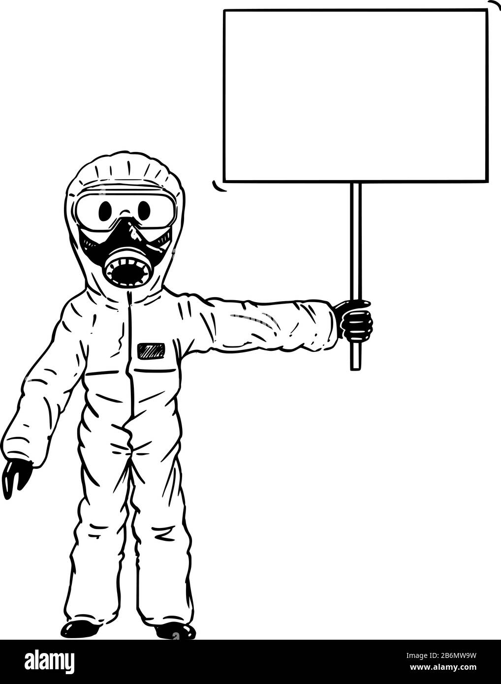 Dessin de dessin de dessin de dessin de dessin de dessin de dessin de dessin conceptuel de l'homme portant un masque de protection de visage et de costume tenant le signe vide, le concept de covid-19 de coronavirus. Illustration de Vecteur
