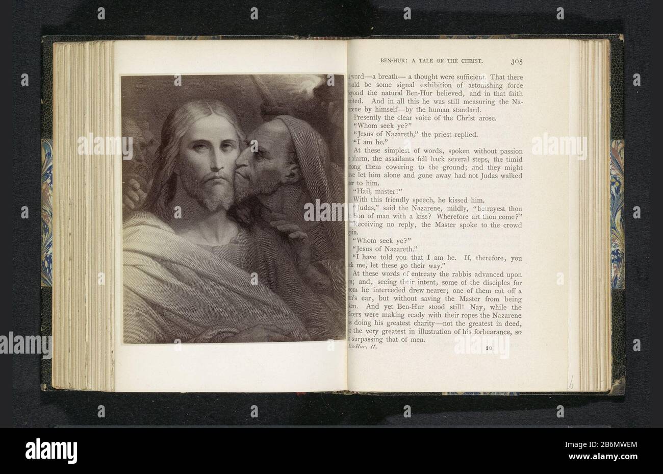 Fotoreproductie van een prent naar een schilderij, voorstellende Judas kust Christus photo reproduction d'une photo dans une peinture, dépeignant Judas Coast BC Type de bien: Page de reproduction de photos Numéro d'article: RP-F 2001-7-876B-25 Fabricant: Photographe anonyme à imprimer par: Anonyme à peindre par Ary Scheffer En Date: Vers 1883 - ou pour 1888 matériau: Technique du papier: Albumen dimensions de l'impression: Photo: H 123 mm × W 103 mmToelichtingFoto recto page 305. Sujet: Le baiser de Judas: Accompagné de soldats avec des torches et des lanternes, il embrasse Christ Banque D'Images
