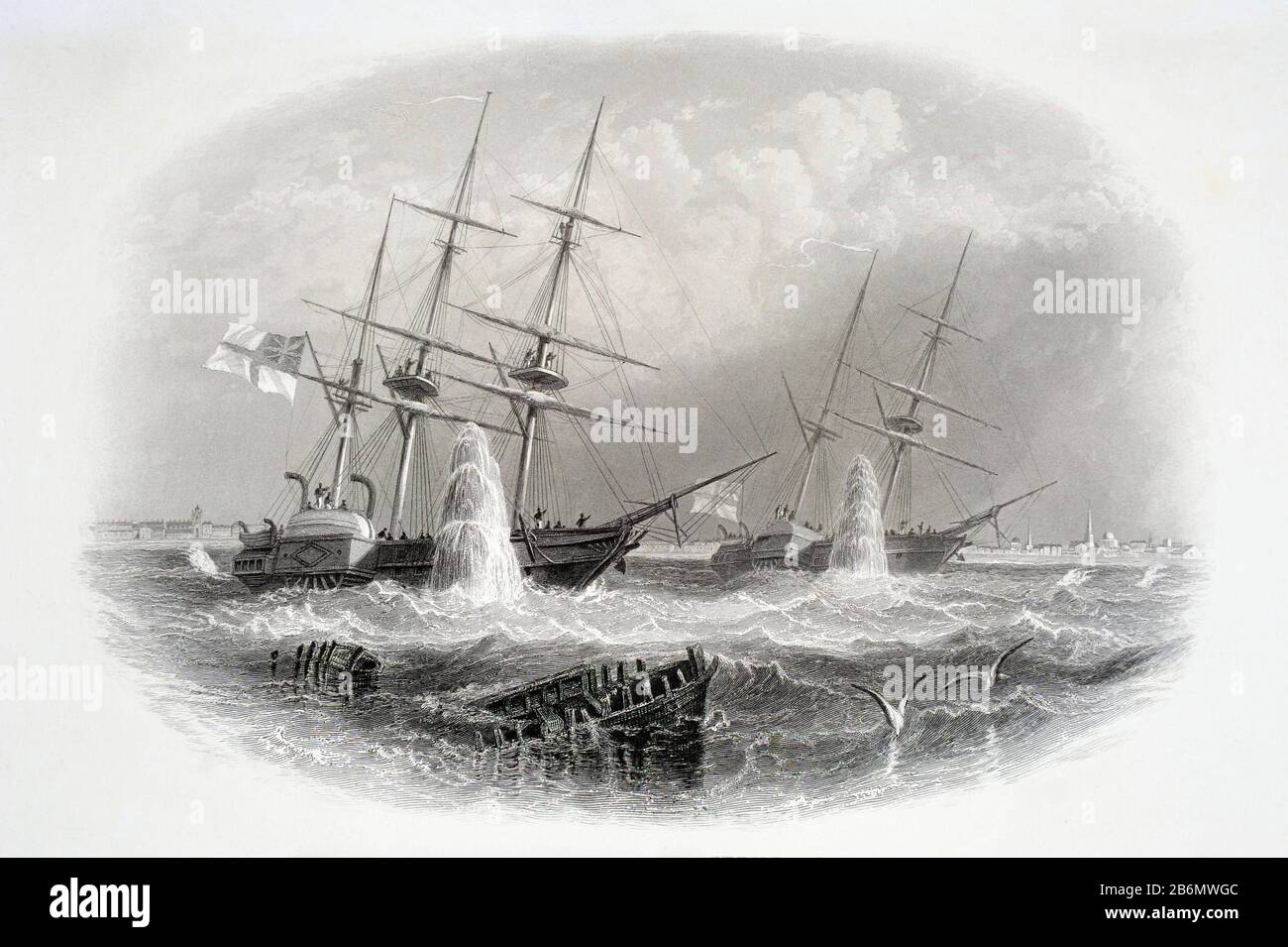 HMS Merlin, la première exploitation minière à succès de l'histoire, et HMS Firefly, endommagé, sous-évalué par les mines navales le 9 juin 1855, Cronstadt, Russie. Ces inf Banque D'Images