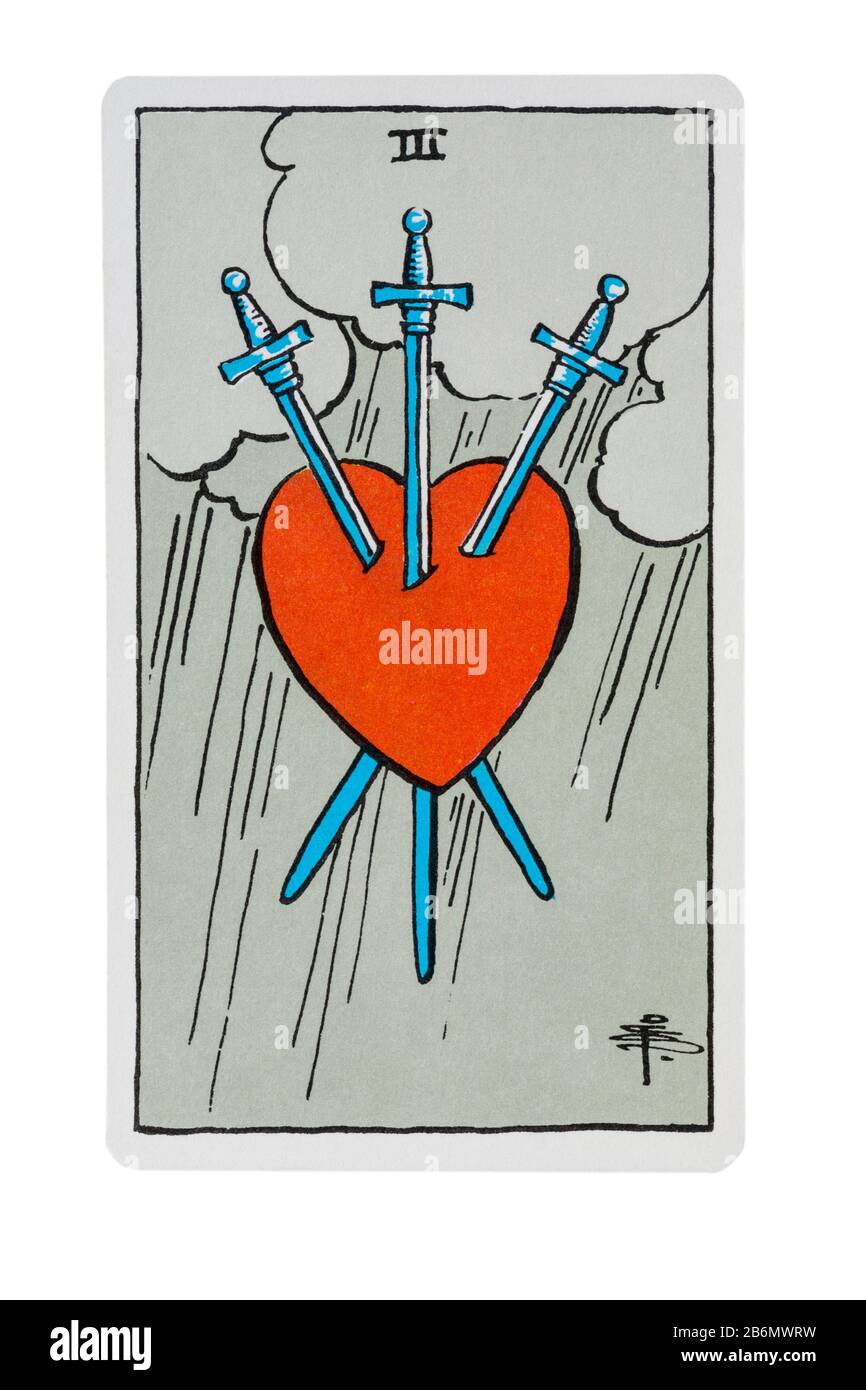 3 des épées tarot carte des cartes Rider Tarot conçu par Pamela Colman Smith sous la supervision d'Arthur Edward Waite isolé sur blanc Banque D'Images