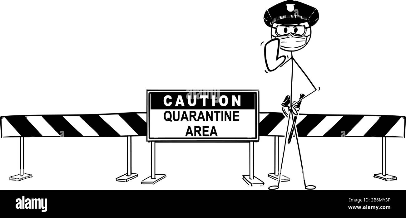 Dessin de la figure de la bande dessinée vectorielle illustration conceptuelle de la mise en garde zone de quarantaine barrage routier et policier portant un masque protecteur montrant un geste d'arrêt. Concept de covid-19 de coronavirus. Illustration de Vecteur