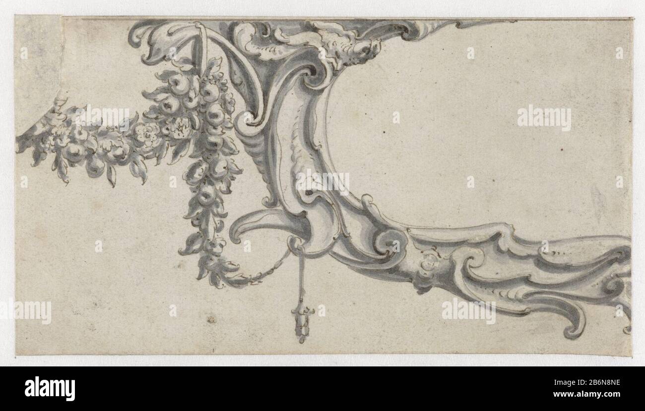 Fragment van een cartouche met een festoen Draft prent. Fabricant : Artiste: Pieter Jansz. Datation: 1630 - 1672 Caractéristiques physiques: Brun plume, pinceau en gris, doorgegriffeld matériau: Encre papier technique: Stylo / brosse / par dimensions grifflof: H 75 mm × W 137 mm Objet: Ornement  festaon, ornement garlandornement  cartouche Banque D'Images