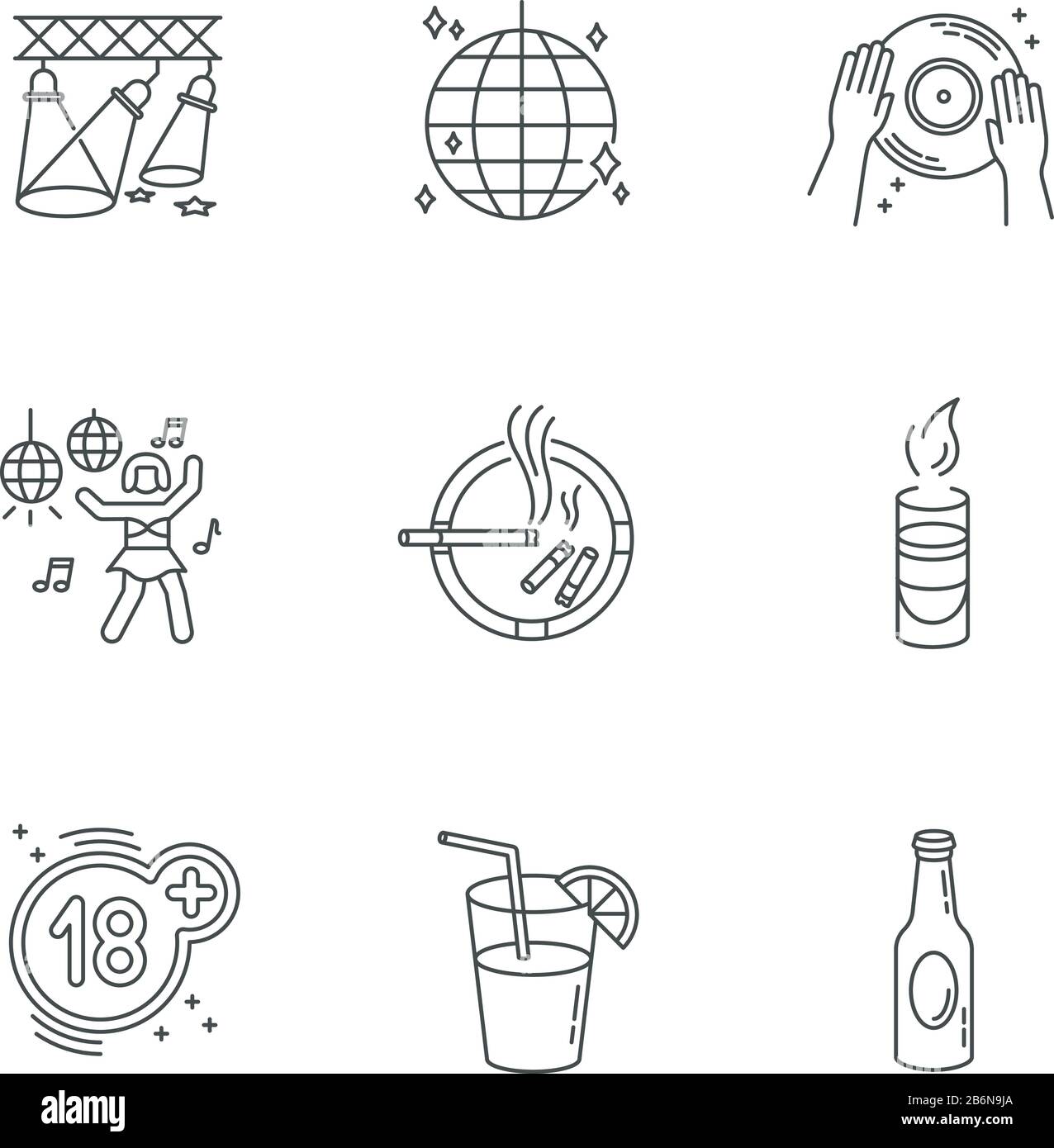 Jeu d'icônes linéaires Perfect pixel de loisirs de club de nuit. Symboles de contour de ligne mince personnalisables pour l'établissement de divertissement. Danse et boissons alcoolisées Illustration de Vecteur