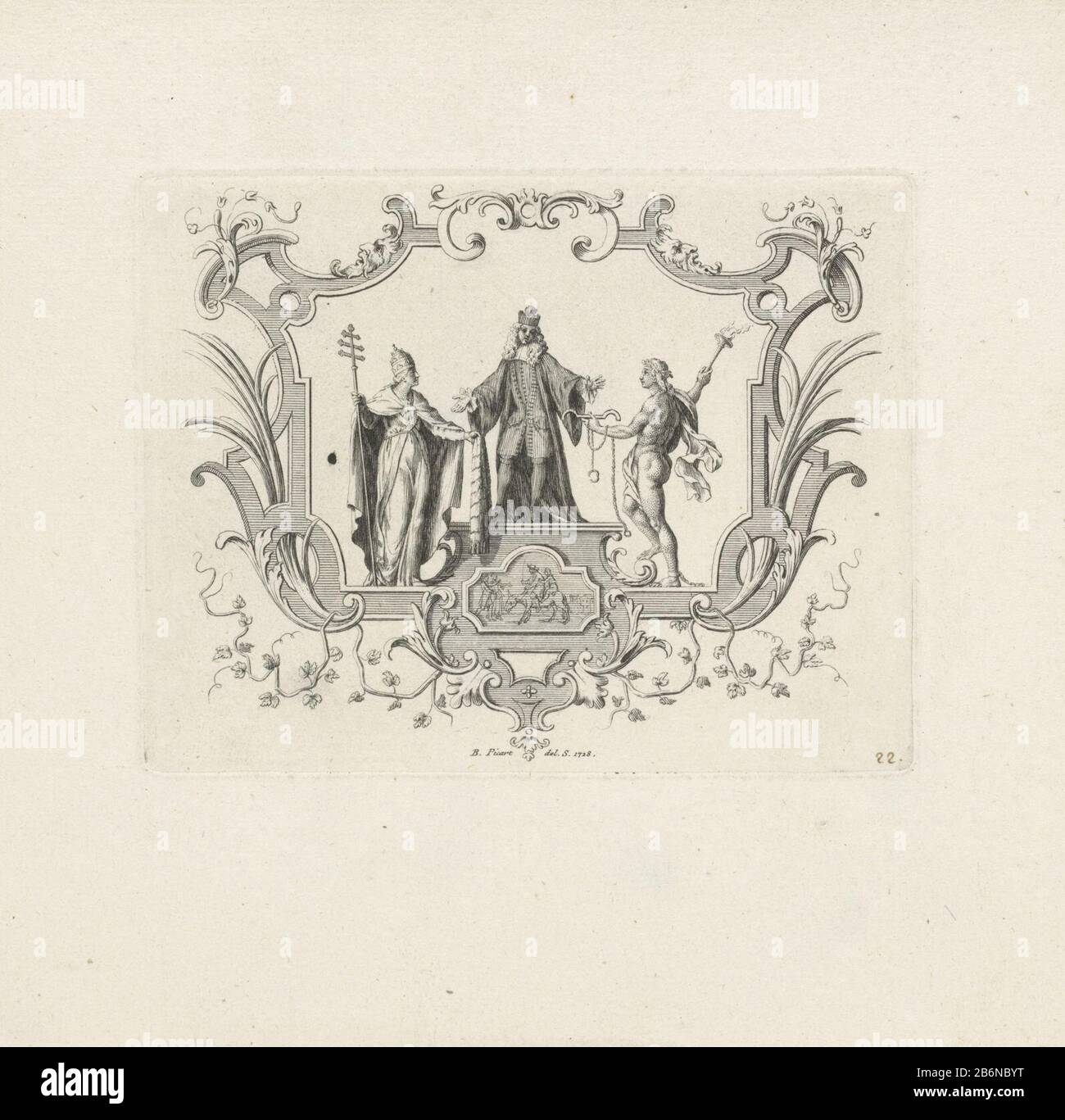 Le poète François de Maucroix sur un piédestal flanqué de la personnification de l'église, vêtu du pape, et le huwelijksgod Hymen, qui lui offre le joug du mariage. La performance est enchâssée dans un lijst ornemental. Fabricant : Print maker: Bernard Picart (studio) à dessin de: Bernard Picart (indiqué sur l'objet) Lieu de fabrication: Amsterdam Date: 1728 Caractéristiques physiques: Gravure et engrafage matériau: Technique du papier: Gravure / engrafage (procédé d'impression ) mesures: Bord de la plaque: H 107 mm × W 137 mmToeliechtPrent éventuellement utilisé dans: Boileau-Despreaux, Nicolas. Hors-D'Œuvre. Amste Banque D'Images