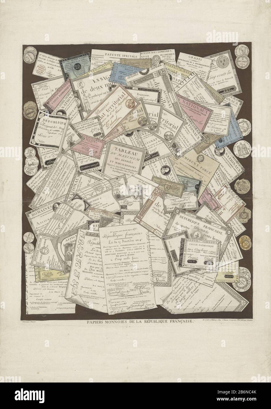 L'argent du papier français et le mungeld français droit et gauche. Fabricant : printmaker Joseph Hunin (bâtiment classé) éditeur Joseph Hunin (propriété listée) Lieu de fabrication: Mechelen Date: 1780 - 1851 Caractéristiques physiques: Gravure et engraissement; impression en brun et noir; brosse en couleur: Papier: Gravure technique / engraa (procédé d'impression) / couleur de la main / mesures de couleur: Bord de la plaque: H 563 mm × L 466 mm Objet : banc-notecoin Banque D'Images