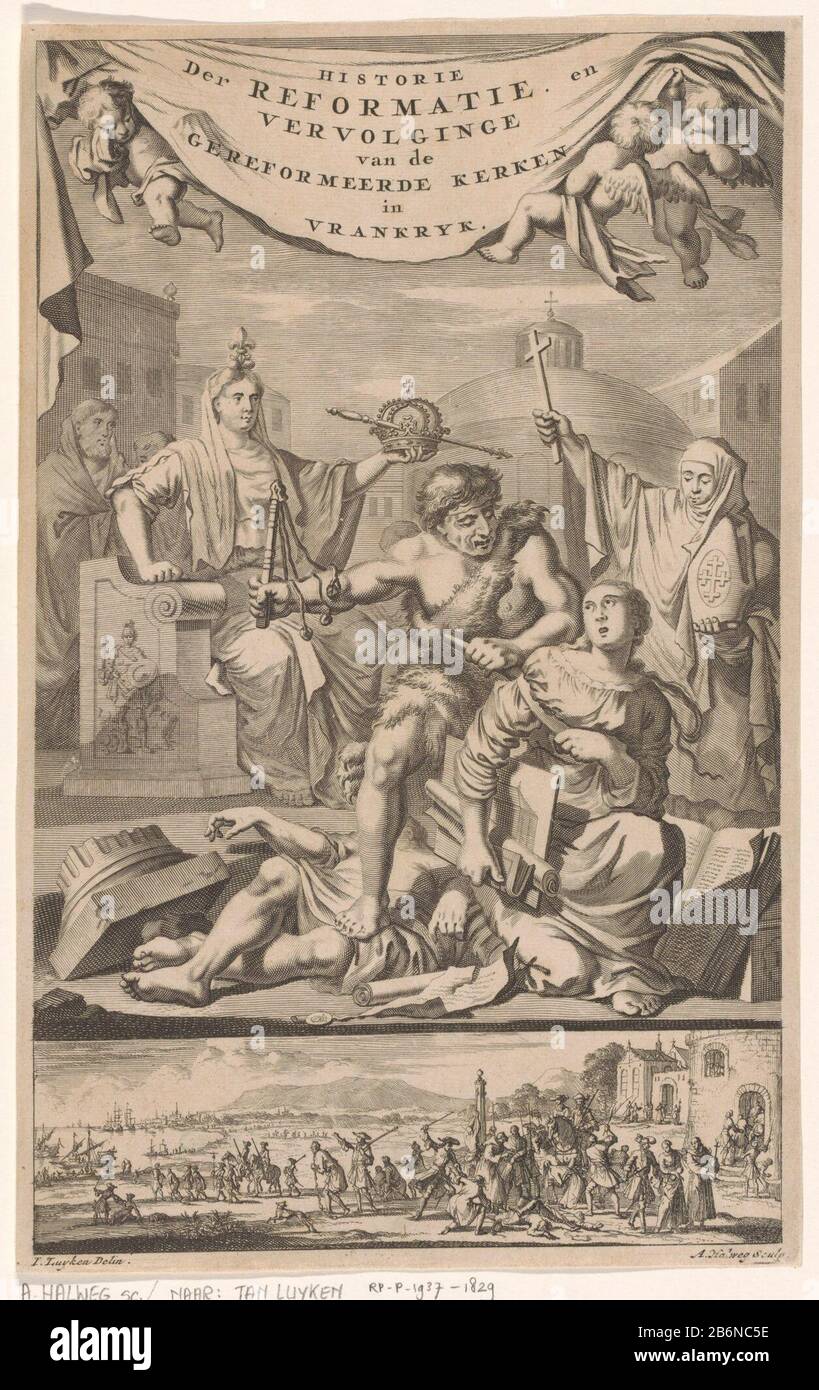 Franse Hervormde Kerk aangevallen porte man met gesel Titelpagina voor E Benoist, Historie der Gereformeerde Kerken van Vrankrijk, 1696 Deux images d'une plaque. Ci-dessus: La personnification de l'Église réformée française, les Huguenots, est attaquée par un homme sauvage avec un fouet. Cela se fait avec l'approbation des personnifications de la monarchie française et de l'Église catholique française. Ci-dessous se trouve une petite représentation de la persécution et de l'expulsion des Hugenoten. Fabricant : printmaker: Adriaen Haelwegh (bâtiment classé) printmaker Jan Luyken à dessin: Jan Luyken (bâtiment classé) éditeur: Jan Banque D'Images