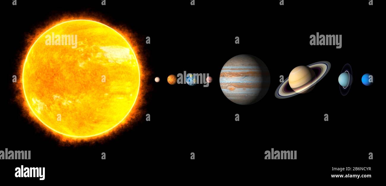 Planètes. Planète. Le système solaire sur un fond en étoile. Mercure, Vénus, Terre, Mars, Jupiter, Saturne, Neptune, Uranus. Banque D'Images
