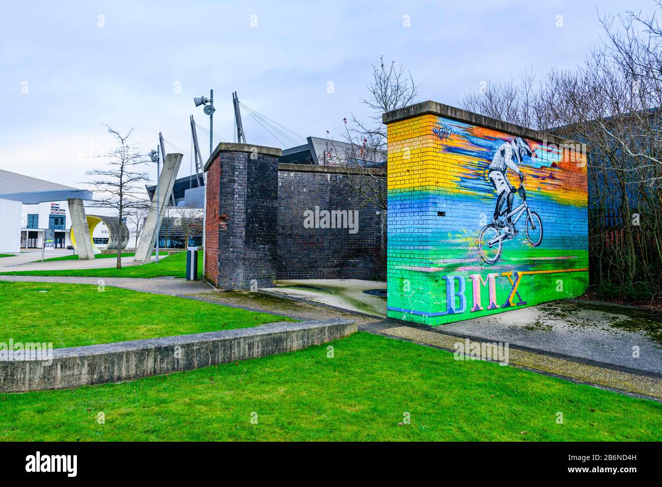 Art mural BMX au National Cyclisme Center, Sportcity, Manchester Banque D'Images