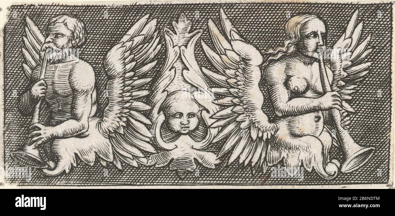 Frites rencontrées en het miden een cherubijntje Cherubijntje tussen een gevleugelde man (liens) en een gevleugelde vrouw (rechts) die elk op een bazuin blazen. Gearceerde achtergrond. Fabricant : fabricant: Anoniemnaar onwerp van: Monogrammist RBuitgever: AnoniemPlaats fabrication: Duitsland (mogelijk) Dating: CA. 1500 - env. 1600 matériau: Papier Techniek: Graveren (drukprocedé) Dimensions: Blad: H 25 mm × b 52 mm Banque D'Images