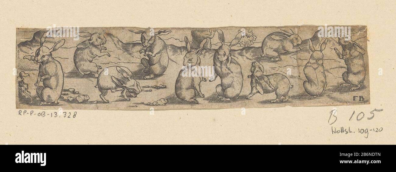 Frites met konijnenFriezen met jachtscènes en dieren (serietitel) Type d'objet : prent Objectnummer: RP-P-OB-13.328Catalogusreferentie: Hollstein German 109-120 Fabricant: Plentmaker: Franz Isaac Brun (vermeld op object)Plaats fabrication: Duitland: Dating CA. 1559 - ca. 1596 kenmerken physique: Gravire matériel: Papier Techniek: Graveren (drukprocedé) Dimensions: Blad: H 32 mm (binnen de plaatrand afgesneden) × b 143 mm (binnen de plaatrand afgesneden)ToeliechtAfkomstig uit de série 'Friezen met jachttlèen et dientseen. Sujet: Rongeurs: Lapin Banque D'Images
