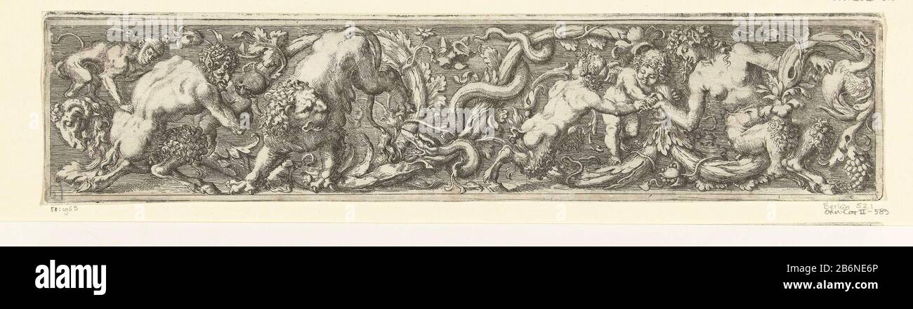 Frites met slang in het midden Varii zophori, figuris animalium ornati (serietitel) Tussen de bladranken zijn van links naar rechts de volgende figuren te zien: een aap op de kop van een ram, een sater a rencontré een kind in zijn armen, een leeuw, een slang, een saterkind, een putto en een vrouwelijke sater. Blad uit série bestaande uit een titelblad en negen ongenummerde bladen. Fabricant: Franz Cleynnaar eigen onwerp van: Franz Cleynuitgever: Thomas RowlettPlaats fabrication: Préfabricant: Engeland (mogelijk)naar eigen onwerp van: Engeland (mogelijk)uitgever: Londen Dating: 1645 Mate Banque D'Images