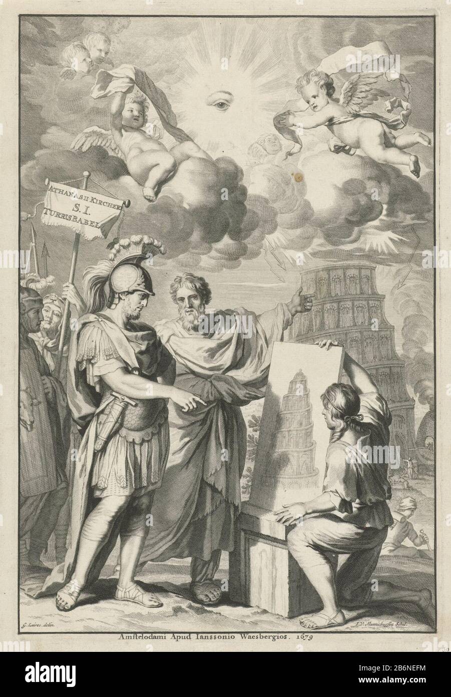 Frontispice voor Turris Babel, Arlontologia Bouw van de toren van Babel Titelpagina voor Athanasius Kircher, Turris Babel, Arlontologia, 1679 Sous la supervision de Nimrod, construit des points à un plan de construction, la tour de Babel. En arrière-plan la construction de la tour. Dans l'air l'oeil tout-voyant de Dieu et engelen. Fabricant : Printmaker John Willemsz. Munnickhuysen (propriété cotée) au dessin: Gerard de Lairesse (bâtiment classé) éditeur John Janssonius de Waesberge (II) (bâtiment classé) Lieu de fabrication: Amsterdam Date: 1679 Caractéristiques physiques: Matériel automobile: Pape Banque D'Images