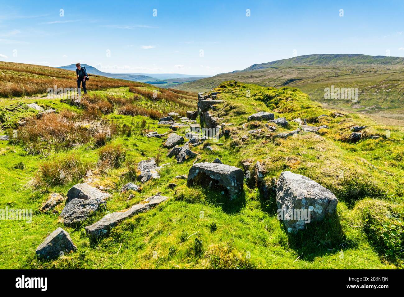 Walker qui passe les sorties du tunnel ferroviaire sur Blea Moor dans le Yorkshire Dales, avec Ingleborough derrière Banque D'Images Walker qui passe les sorties du tunnel ferroviaire sur Blea Moor dans le Yorkshire Dales, avec Ingleborough derrière Banque D'Images