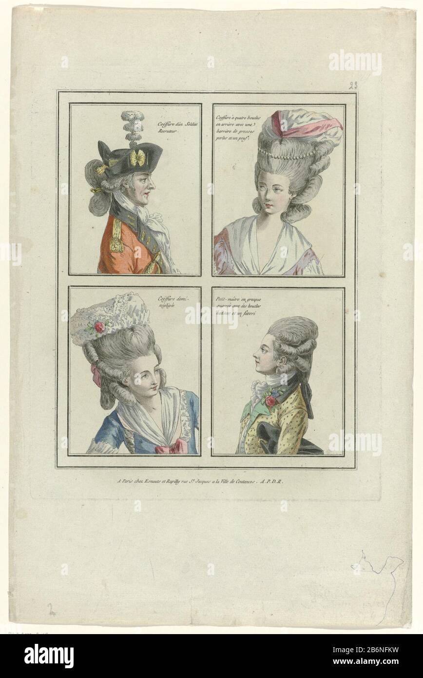 Twee Twee mannen- dans vrouwenkapsels met hoofdbedekking, verdeeld dans vier kaders. Van linksboven naar rechtsonder 'Coëffure recruteur Soldier. Coeffure quatre boucles avec une barrière de grandes perles et repose-pied. Coëffure à moitié négligé. FOP dans la place grecque avec des boucles ludiques et un favori. Série Prent uit D. 4ème costumes français Caractéristiques des coeffures en 1777 et 1778, le mode Galerie et costumes English. Fabricant : preneuse: Anonieminkleurder: Madame le Beauuitgever: Esnauts & Rapilly (vermeld op object) Plaats fabrication: Parijs Dating: 1777 - 1778 kenmerken physique: Engraa, Banque D'Images