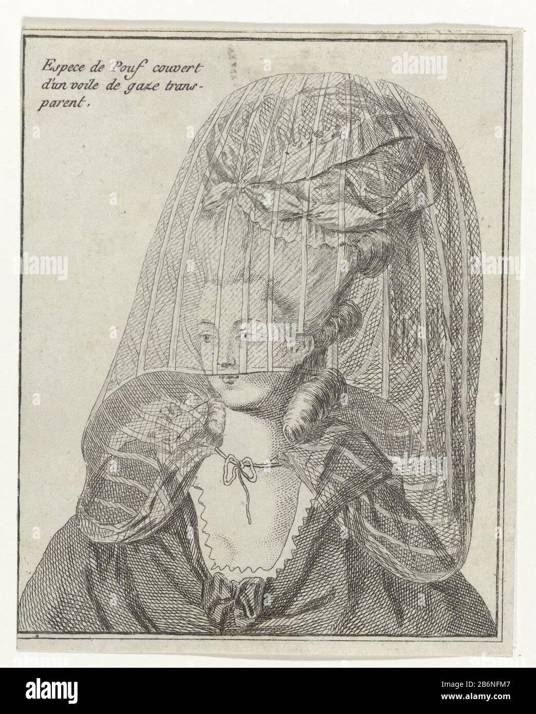 Coiffure pour femme 'pouf' Où: Un voile de tulile transparente. C'est l'un des quatre styles dans l'impression C 17 de la série C 3ème Cahier Fashions Françaises pour les Coeffures depuis 1776. Fabricant : printmaker: Éditeur anonyme: Esnauts & RapillyPlaats fabrication: Paris Date: 1776 Caractéristiques physiques: Matériel automobile: Papier technique: Engrala (impression) Dimensions: Feuille: H 117 mm × W 94 mm Objet: Vêtements de mode pour la partie supérieure du corps (+ vêtements pour femmes) vêtements pour la partie supérieure du corps (+ vêtements pour femmes) styles de robe de cheveux - AA -  vêtements pour femmes (+ vêtements pour femmes ) Quand: 1775 - 1799 Banque D'Images