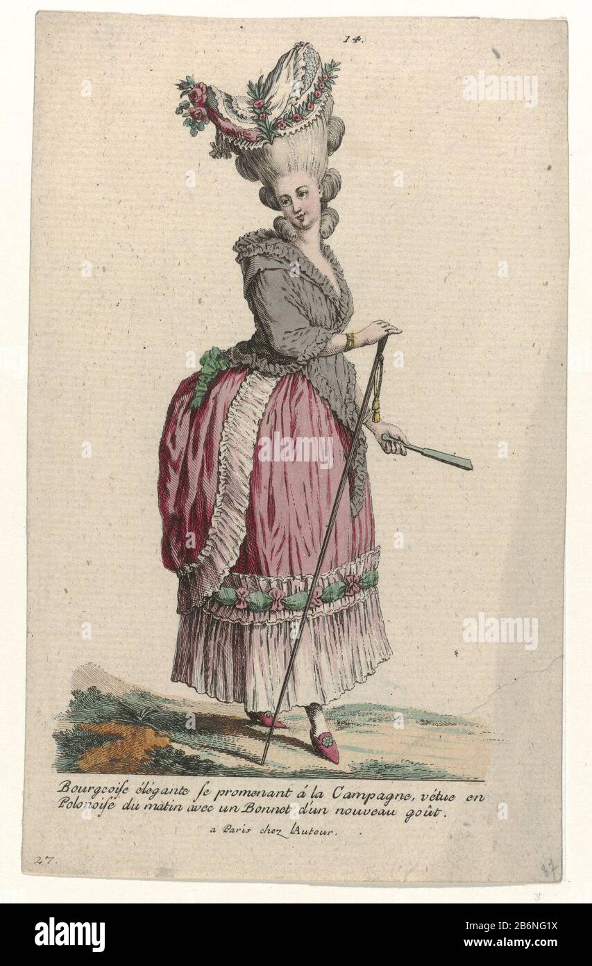Élégante femme de la bourgeoisie marchant dans la campagne, vêtue d'une robe  à la Polonaise "pour le matin. Mantelet (petit tippet) avec capuche. Sur sa  tête un bouchon au goût final. Accessoires:
