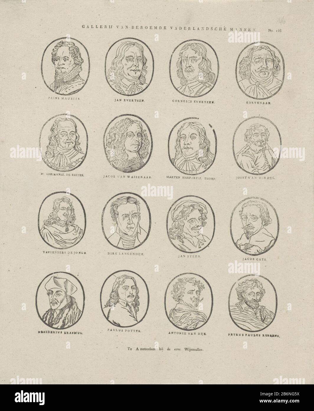 Gallerij van beroemde vaderlandsche mannen (objet op) Journal 16 portraits ovales de célèbres hommes néerlandais Où: Sous le Prince Maurice, Joost van den Vondel, Jan Steen, Erasmus et Peter Paul Rubens. Sous chaque image pour une légende. Numéroté en haut à droite : n° 146. Fabricant : Vendeur: Preserve Wijsmuller (bâtiment classé) Editeur: James Thompson (possible) Editeur: T. L. Thompson (possible) printmaker: Anonyme place Fabrication: Vendeur: Amsterdam Editeur: Rotterdam Editeur: Rotterdam Imprimer auteur: Pays-Bas Date: 1791 - 1838 Caractéristiques physiques: Bois et matériel d'impression: PA Banque D'Images