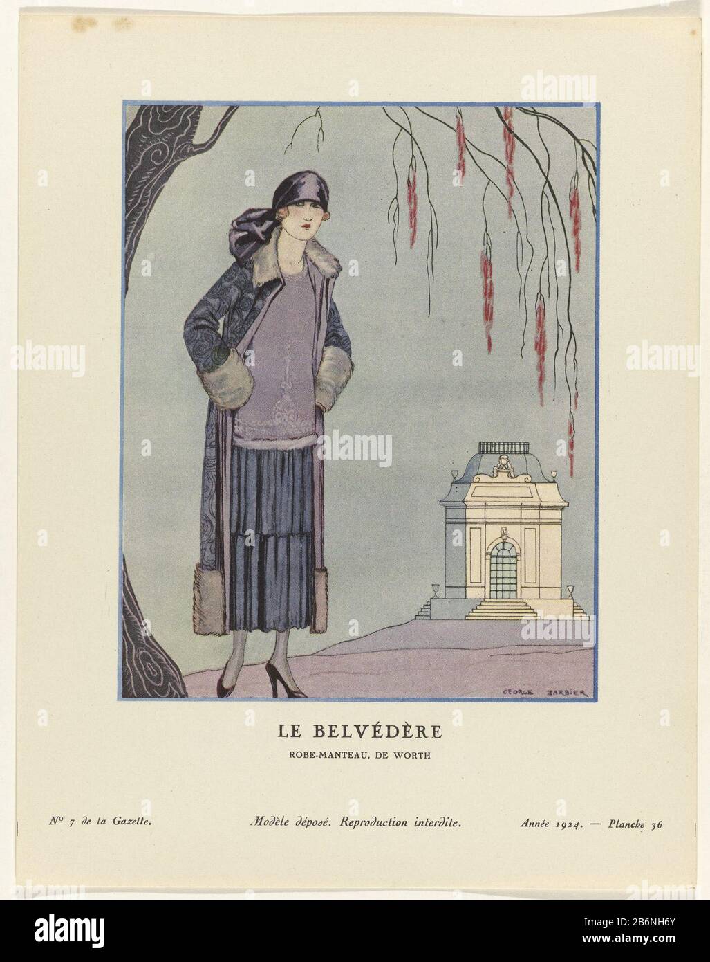 Femme debout portant une robe avec une jupe plissée et une veste garnie de fourrure D'Une Valeur. Pour la tête d'un chiffon. En arrière-plan un belvédère. Plan 36 de la Gazette du bon ton, 1924, no 7. Fabricant : conçu par George Barbier (bâtiment classé) printmaker: Anonyme maison de mode: Worth (bâtiment classé) éditeur Lucien Vogel Éditeur: Imprimerie Studium Lieu de fabrication: Paris Date: 1924 Caractéristiques physiques: Couleur et texte photomécanique: Papier technique: Typographie / photomécanique / couleur dimensions: Feuille: H 244 mm × W 191 mm Objet : robe de mode, Banque D'Images